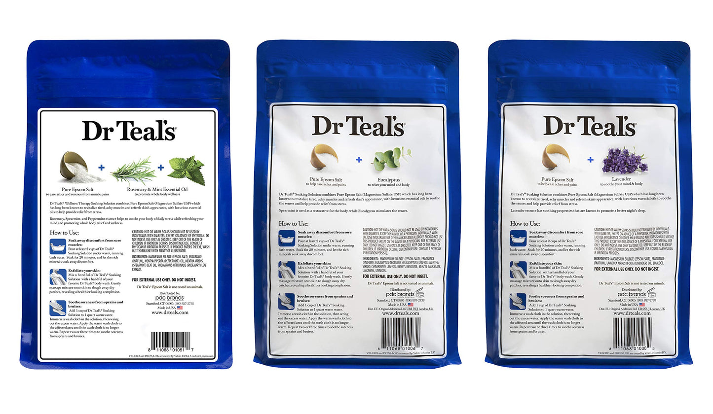 Dr. Teal's Pure Epsom Salt Soaking Solution Gift Set (3 Pack, 3lbs ea.) - Soothe & Sleep Lavender, Relax & Relief Eucalyptus with Spearmint, Wellness Therapy with Rosemary & Mint - Relaxes The Body