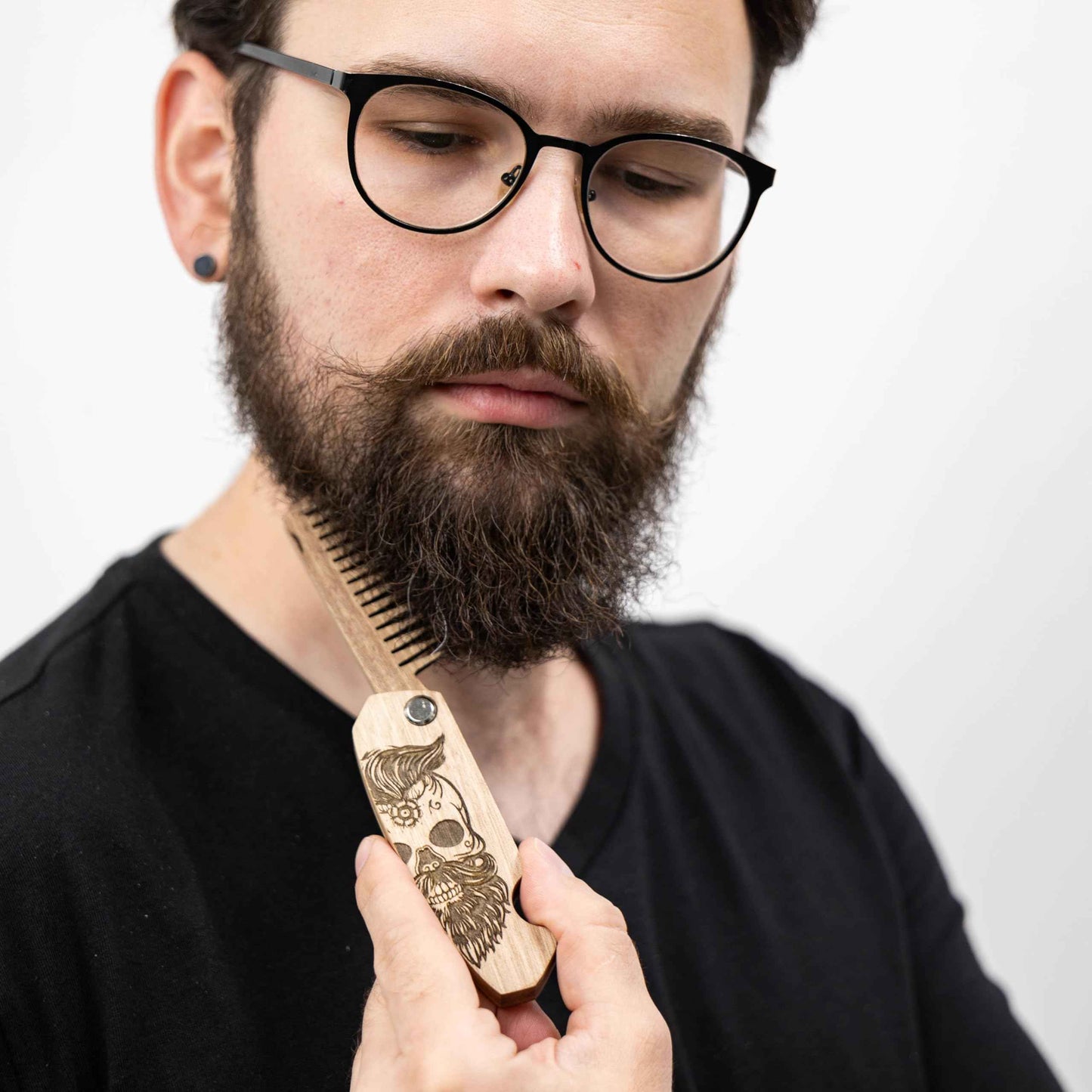 Enjoy The Wood Beard Comb for Men, Folding Pocket Beard Accessories for Men, Engraved Walnut Wooden Comb for Moustache, Beard & Hair For Him (Half Skull)