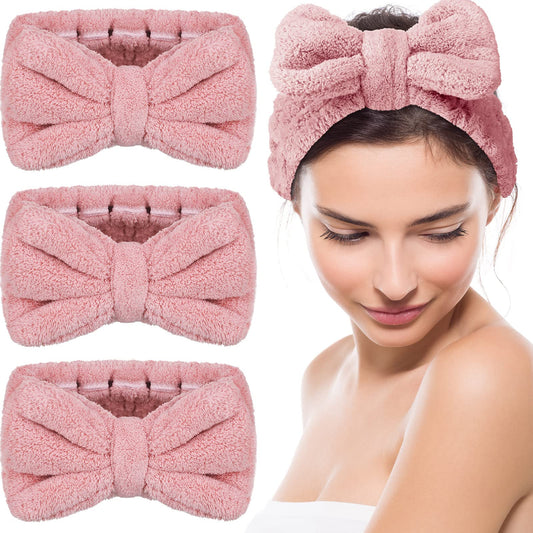 3 Pieces Towel Headbands for Women Makeup Headband for Washing Face Makeup Spa Headband, Microfiber Bowtie Shower Headband for Women(Light Pink)