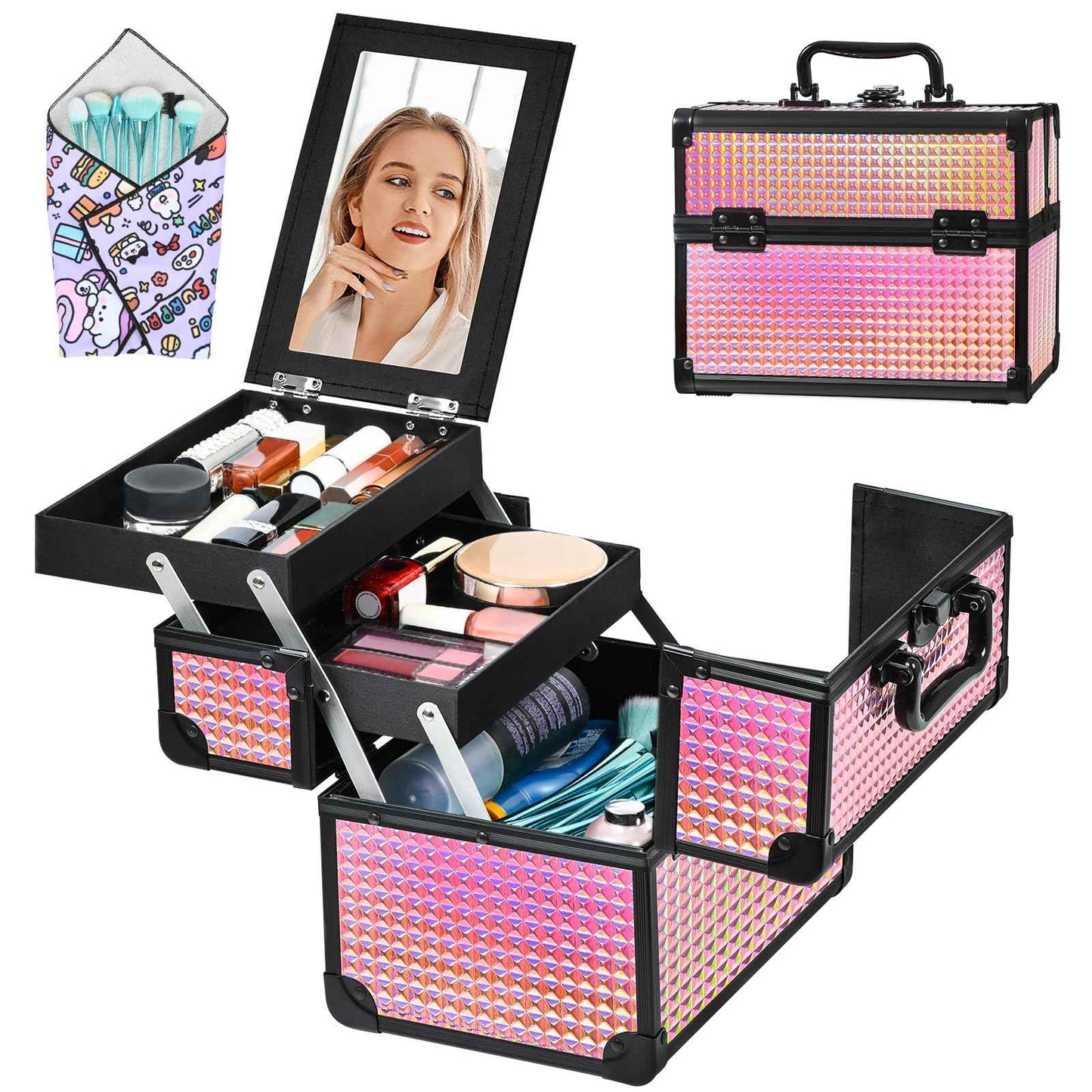 GALHUBIS Makeup Case Organizer,Makeup Train Case, Trays Cosmetic Box Portable, Profesional for Salon Barber,Black Bright Pink
