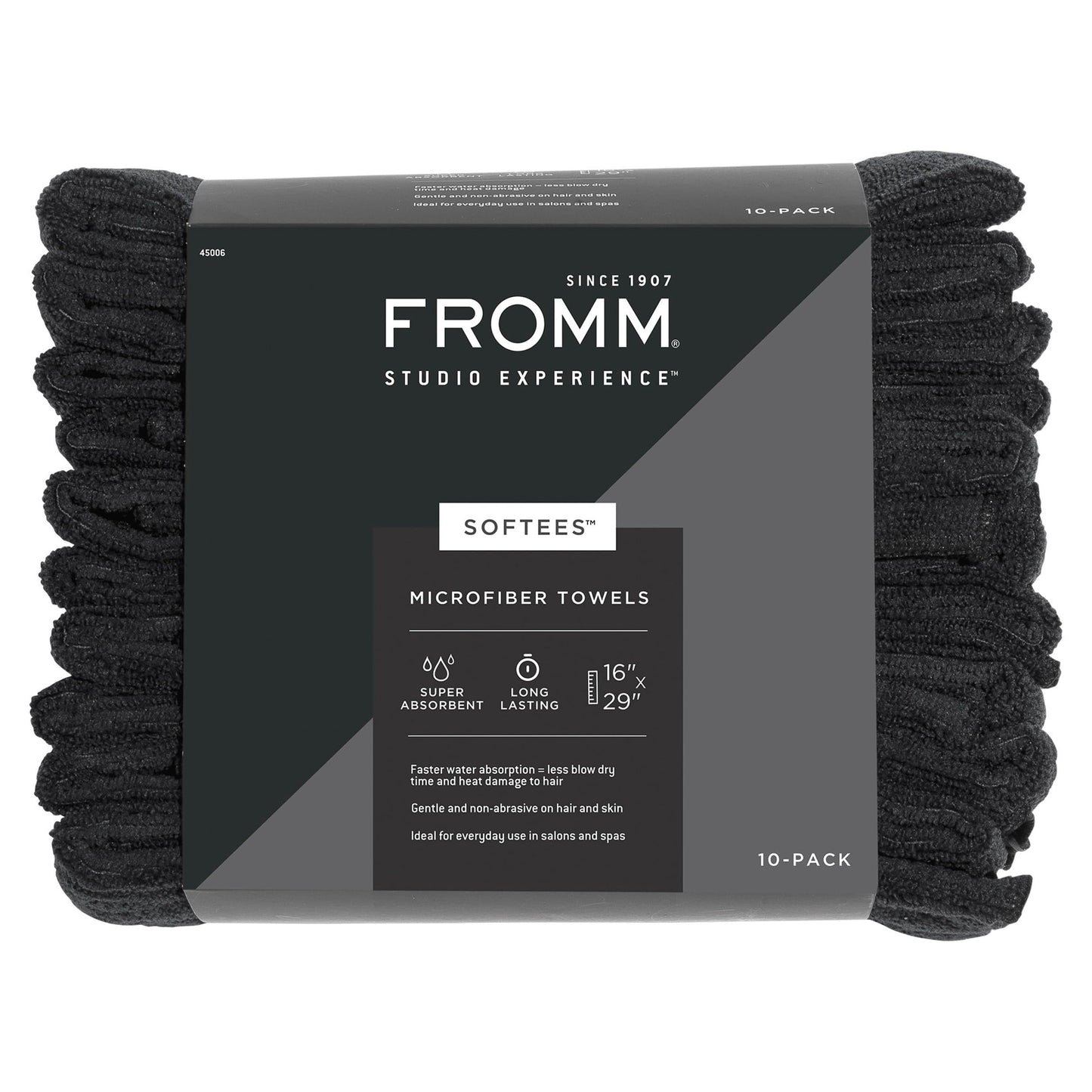 Fromm Softees Microfiber Salon Hair Towels for Hairstylists, Barbers, Spa, Gym in Black, 16" by 29", 10 count Perfect Hair Care Towel for Drying Curly, Long, Wavy Hair