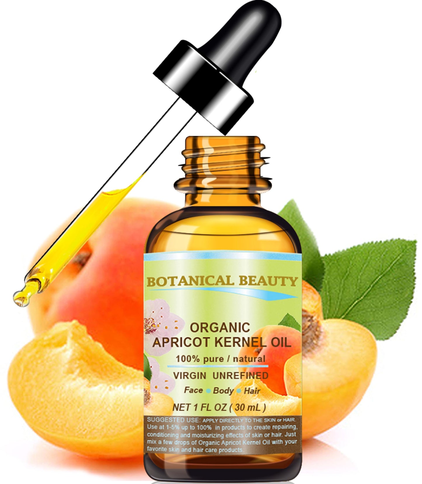 Botanical Beauty ORGANIC APRICOT KERNEL OIL Australian 100% Pure Virgin Unrefined Cold Pressed Carrier Oil 1 oz- 30 ml for Face Hair Body Nails Skin Anti-Aging