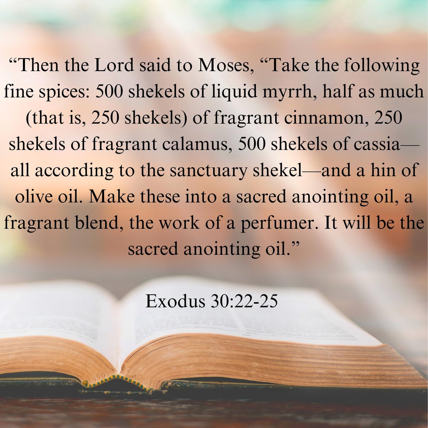 Exodus 30:22-25 Anointing Oil 1oz. Recipe God gave to Moses - 500 shekels of liquid myrrh, 250 shekels of fragrant cinnamon, 250 shekels of fragrant calamus, 500 shekels of cassia and a hin of olive oil. Comes in a top of the line spill proof, shatter pro