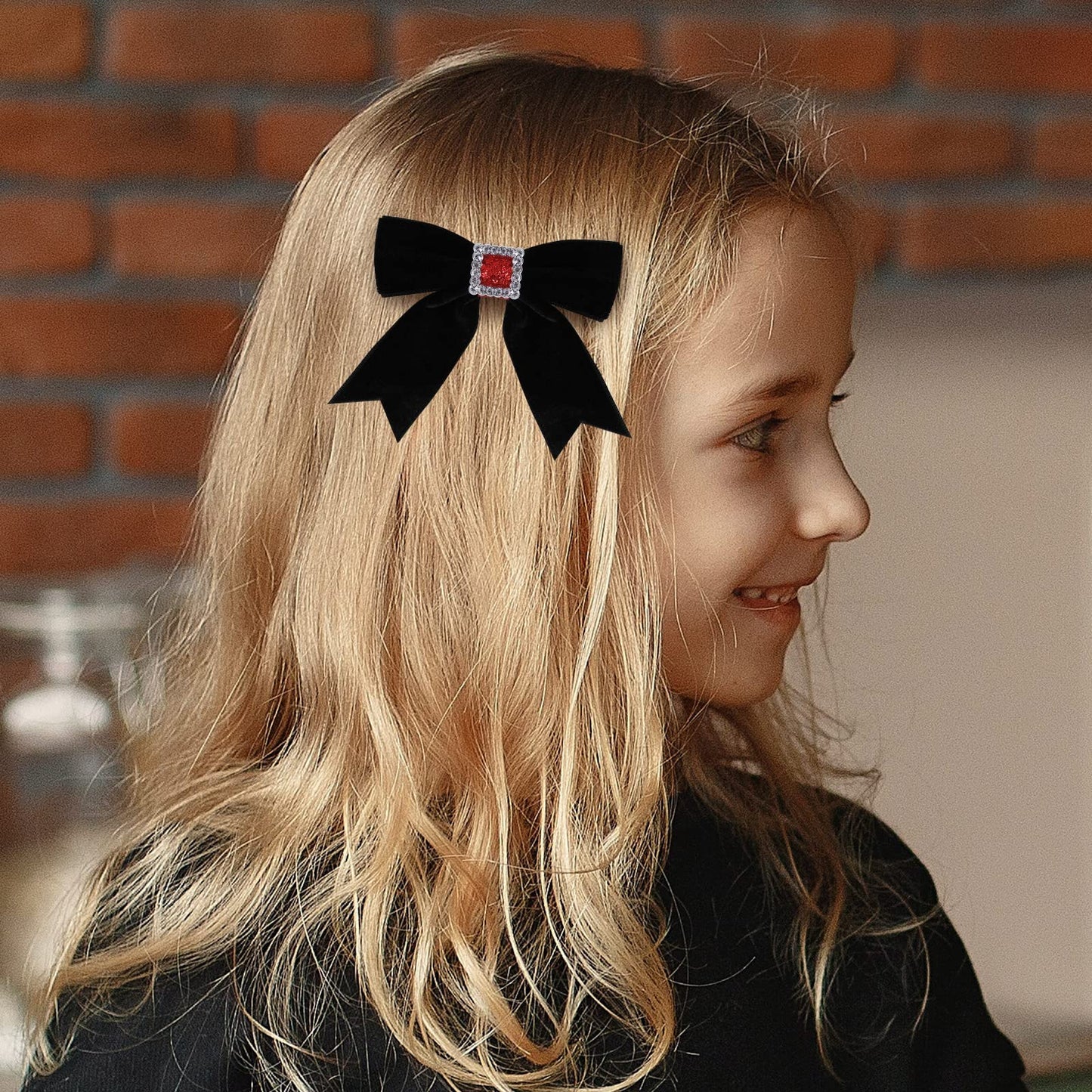 Black Velvet Hair Bows,Christmas Valentine School Hair Clips with Rhinestones,Handmade Small Bowknot Hair Accessories for Kids Girls Toddler New Year Decor