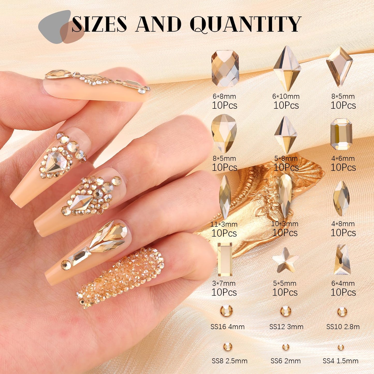 3220Pcs Champagne Gold Glass Nail Rhinestones 120Pcs Multi Shapes Flatback Gems Crystal+3100Pcs 1.5-4mm Round Beads with Rhinestones Glue Gel, Manicure Diomand Jewelry Gemstone for Nail Design Makeup