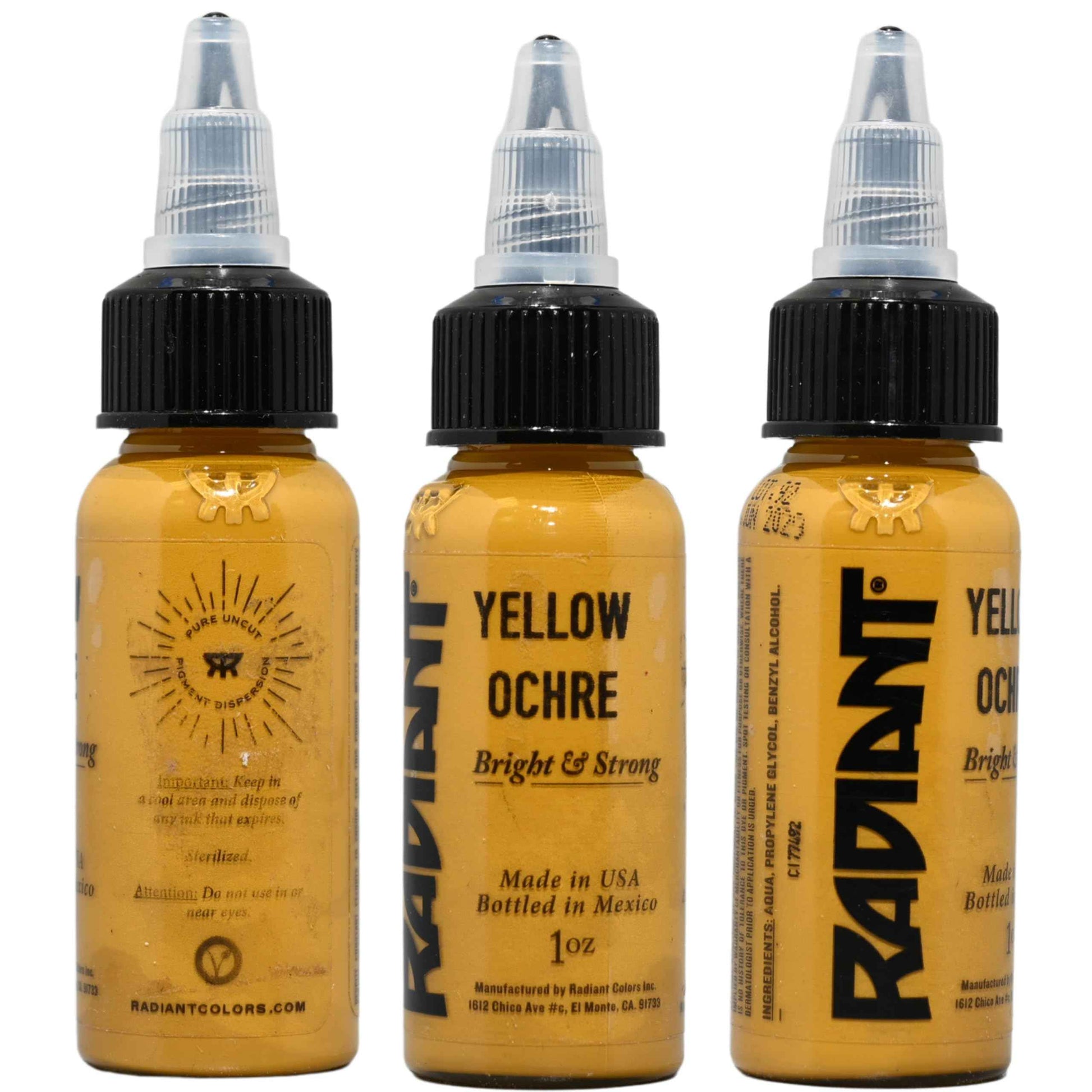 Radiant colors Yellow Ochre Tattoo Ink 1oz Bottle for Professional Tattoo Artists Vibrant Pigment Smooth Blend consistent Saturation Easy Application Long Lasting Healing Color Made in USA