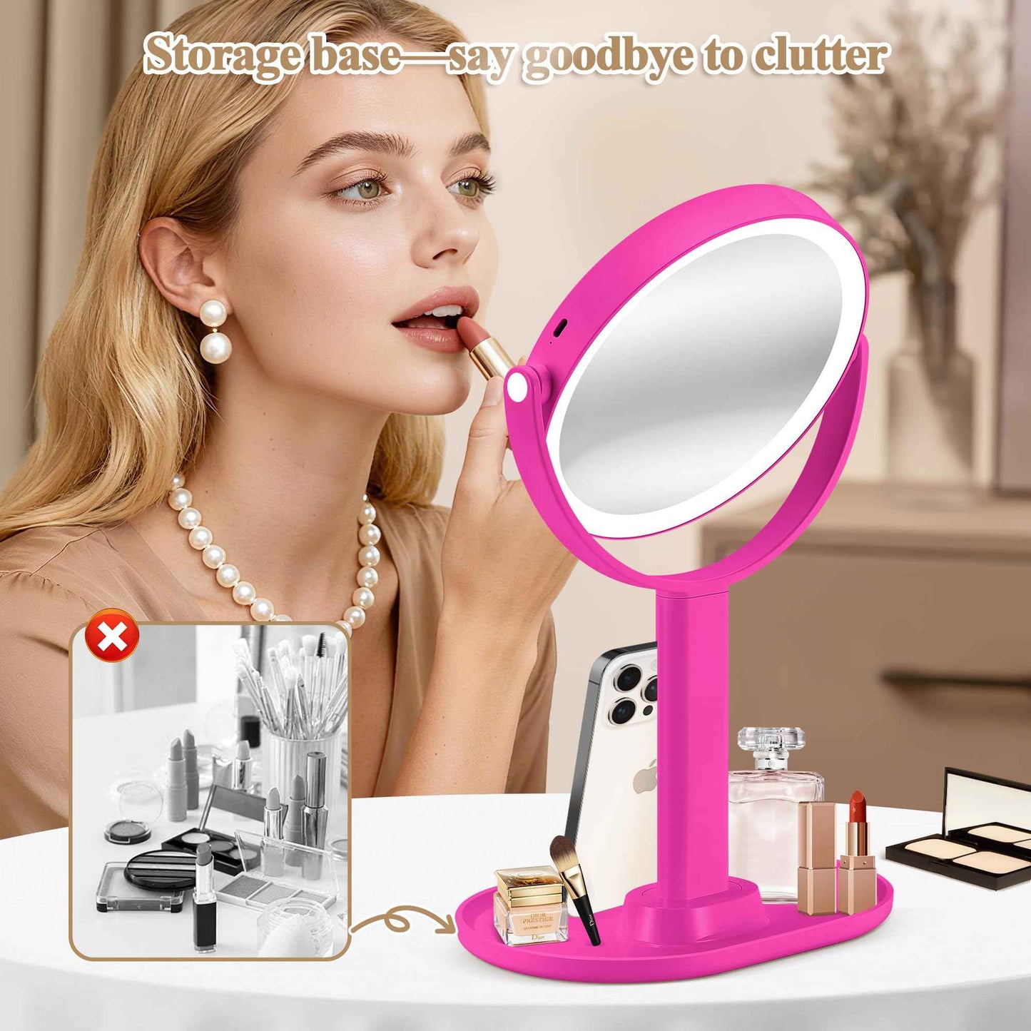 MOMOKUBA Makeup Mirror with Lights, Double Sided 1x/20x Magnifying Mirror with Light, Rechargeable 3 Color Lights and Adjustable Brightness, 360° Rotation Detachable Comes with Tweezer(Hotpink)