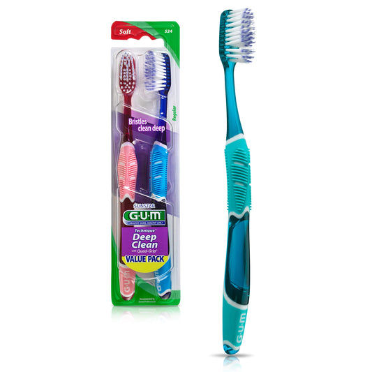 GUM Technique Deep Clean Toothbrush - Compact Soft - Soft Toothbrushes for Adults with Sensitive Gums - Extra Fine Bristles, 2ct (6pk)