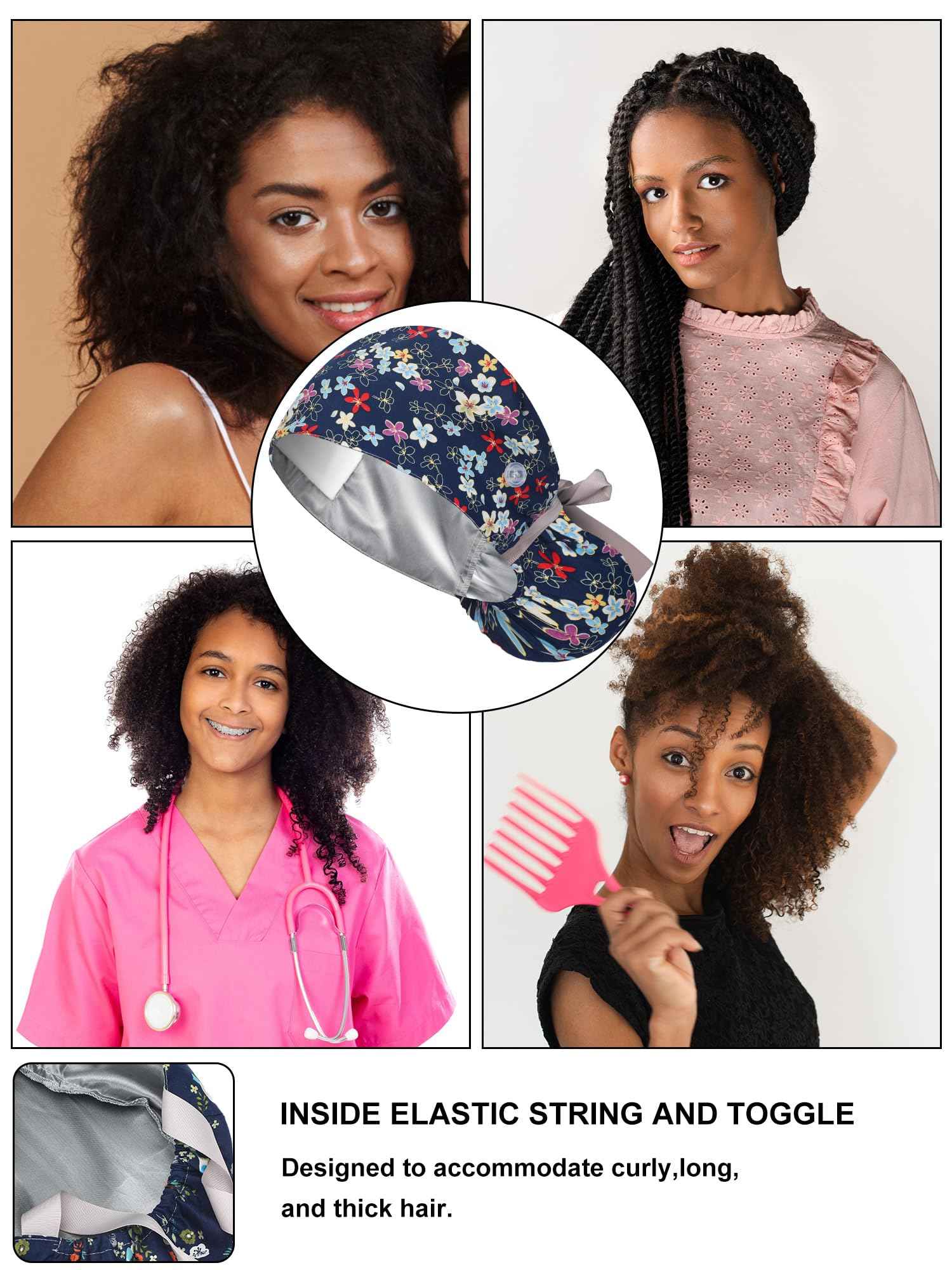 Floraltop 6 Pcs Satin Lined Scrub Caps Women Nurse Surgical Hat with Buttons Ponytail Working Adjustable Pouch Tie Back(Fresh Style)