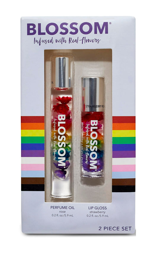 Blossom Scented Roll on Lip Gloss + Rollerball Perfume, Infused with Real Flowers, Made in USA, 0.4 fl. oz./11.8ml, 2 pack Gift Set, Let Love Shine, Strawberry/Rose