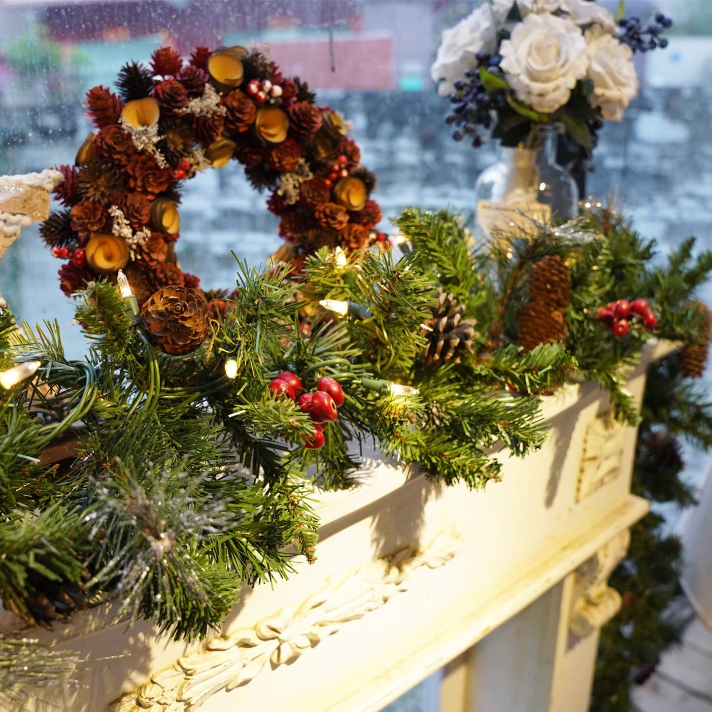 Pre-Lit Artificial Christmas Garland, Green, White Lights 50, Decorated with Pine Cones, Berry Clusters, Plug in, Christmas Decorations, 9 Feet