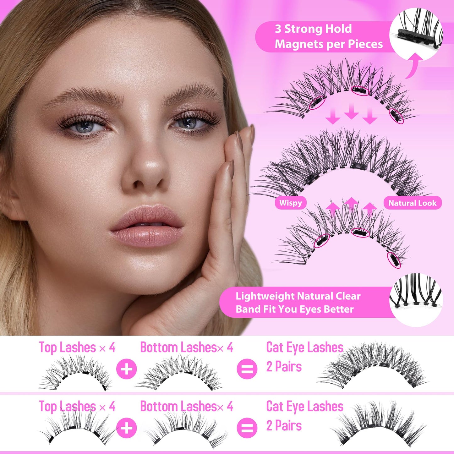 JIMIRE Magnetic Eyelashes without Eyeliner Natural Look Clear Band Wispy Magnetic Lashes with Applicator Reusable Magnetic Eyelashes No Glue Needed Magnetic Lashes False Eyelashes 4 Pairs 2 Pack