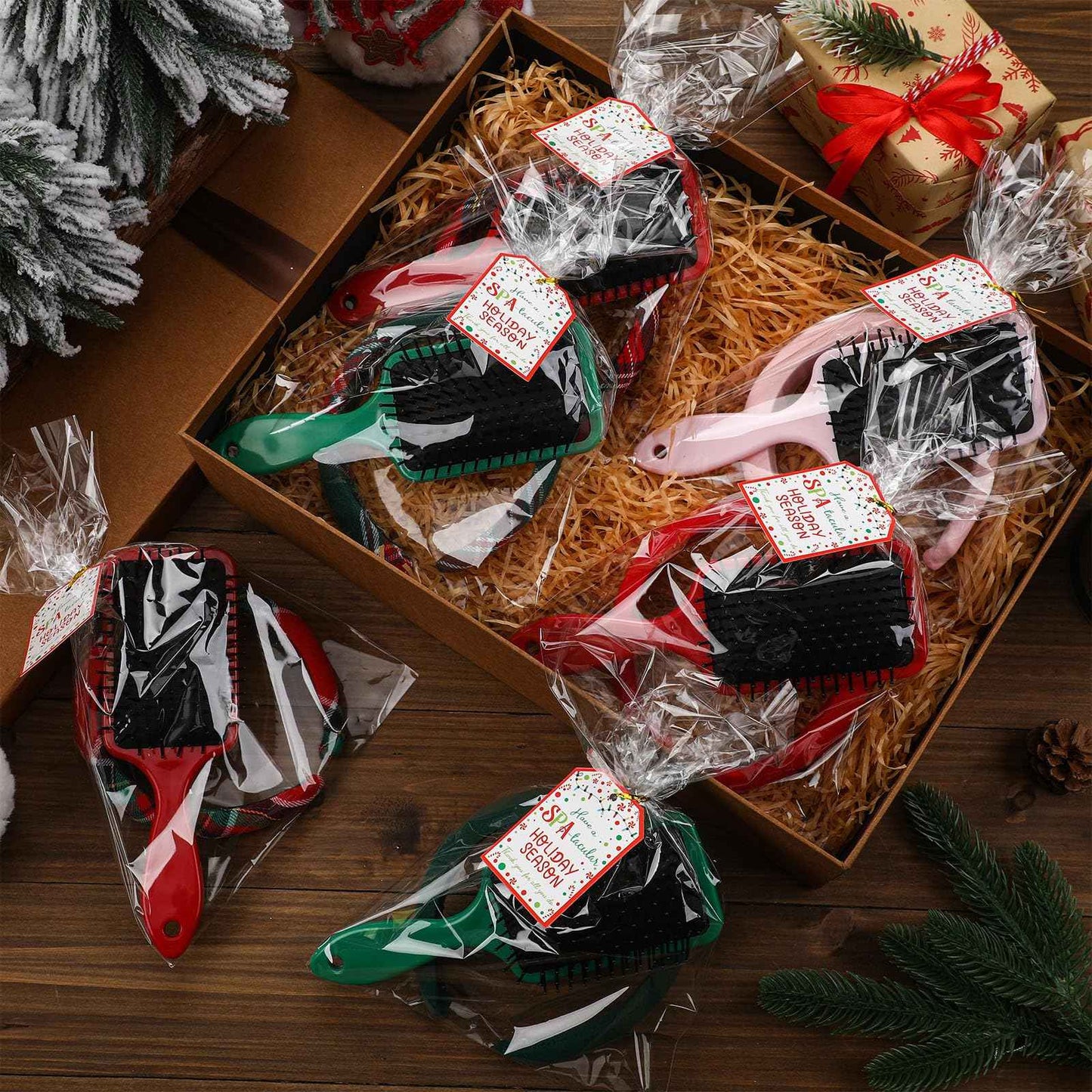 Vesici 6 Set Christmas Tartan Gift Bulk for Women Plaid Headbands Bulk Stocking Stuffers Head Spa Set Tartan Hair Brush with Plastic Bags & Labels Items Accessory for Spa Xmas Party Salon Makeup