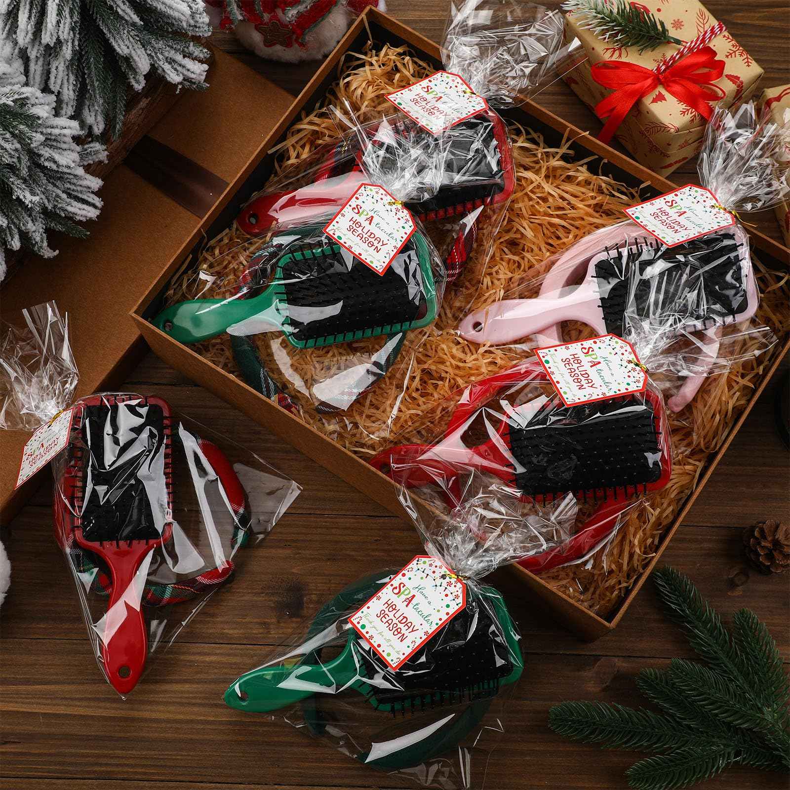 Vesici 6 Set Christmas Tartan Gift Bulk for Women Plaid Headbands Bulk Stocking Stuffers Head Spa Set Tartan Hair Brush with Plastic Bags & Labels Items Accessory for Spa Xmas Party Salon Makeup