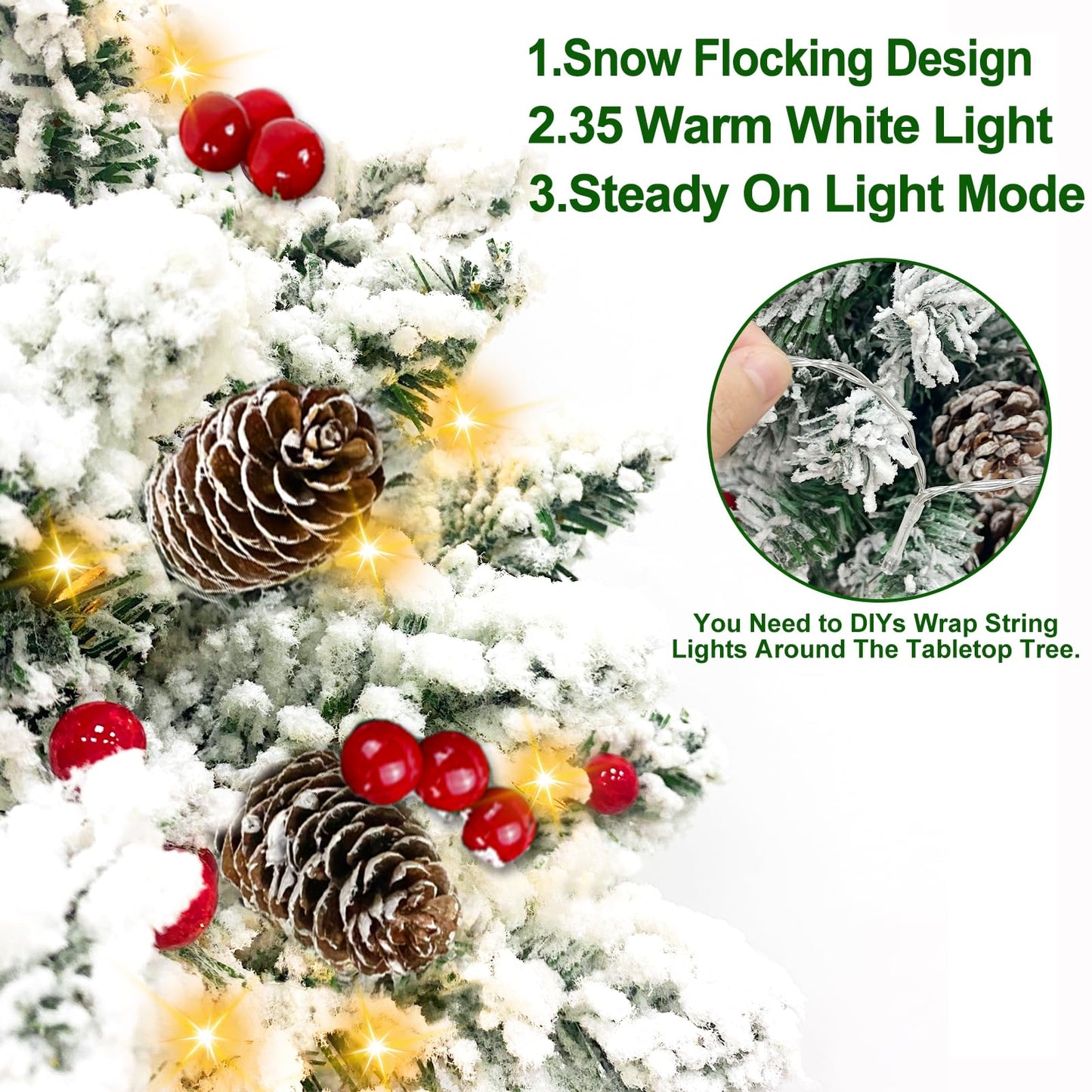 TURNMEON 20 Inch Flocked Christmas Tree with 35 Lights Timer, Tabletop Christmas Tree Battery Operated Warm Lights 30 Red Berries 5 Pine Cones Burlap Base Small Christmas Tree Xmas Decor Indoor Home