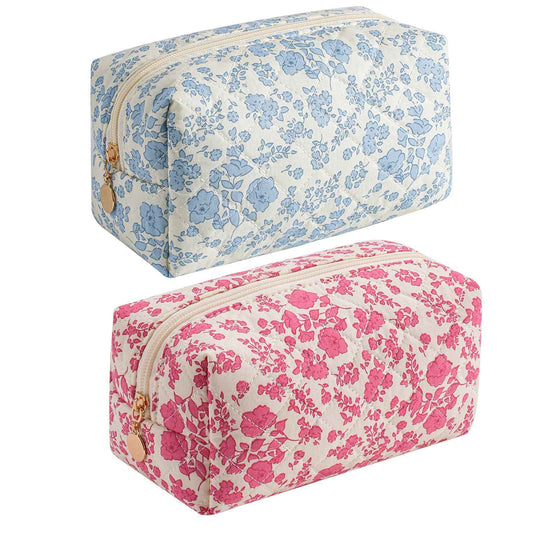 JOVAKIT Square Makeup Bag Cute Cosmetic Bag for Women, Floral Coquette Aesthetic Toiletry Bag, Zipper Make Up Pouch, Travel Make Up Organizer Bag (Blue+Bright Red Floral)