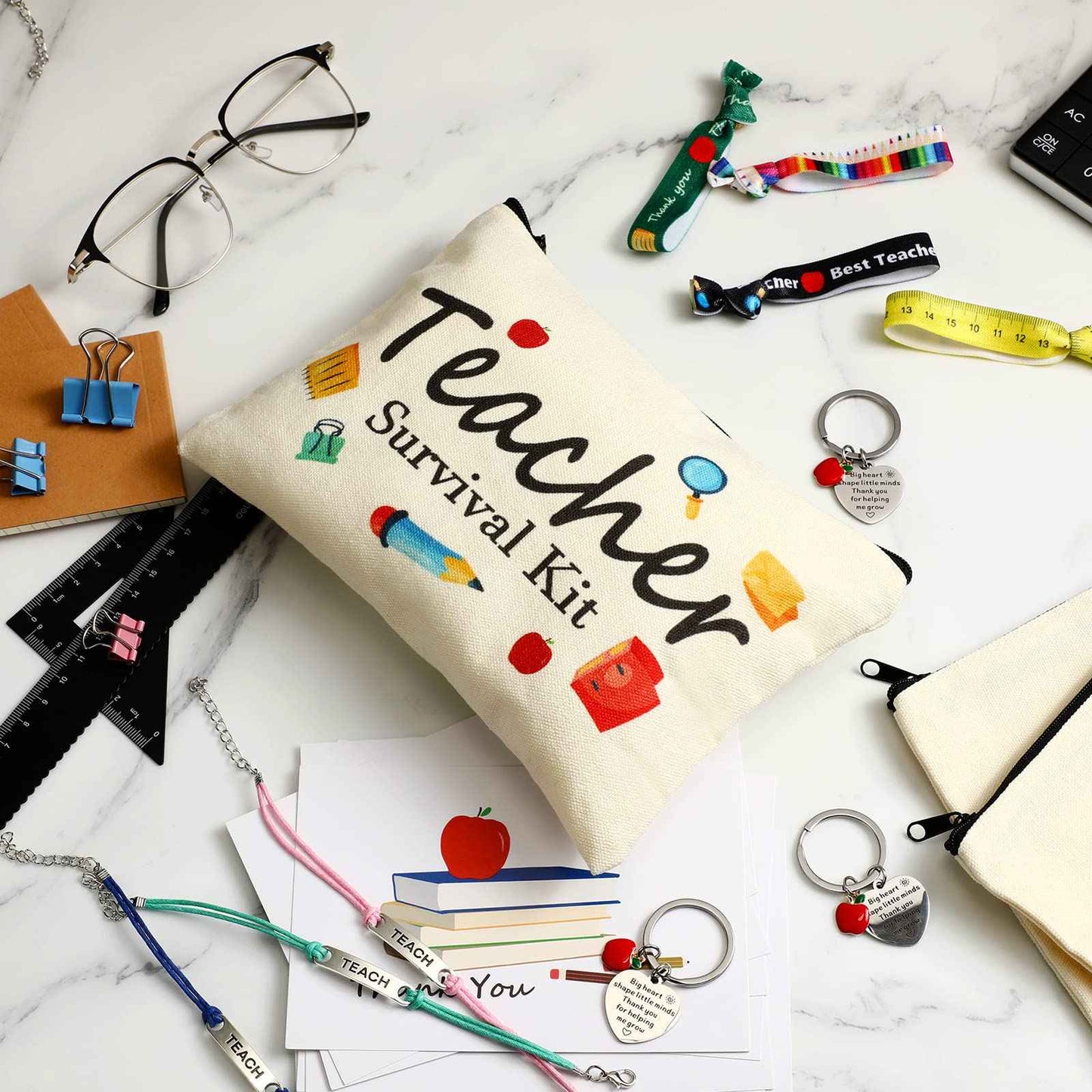 Amylove 20 Sets Christmas Teacher Gifts Bulk, Teacher Makeup Bags, Bracelets, Hair Ties, Cards, Keychains Xmas Stocking Stuffers Valentine's Day Appreciation Gifts