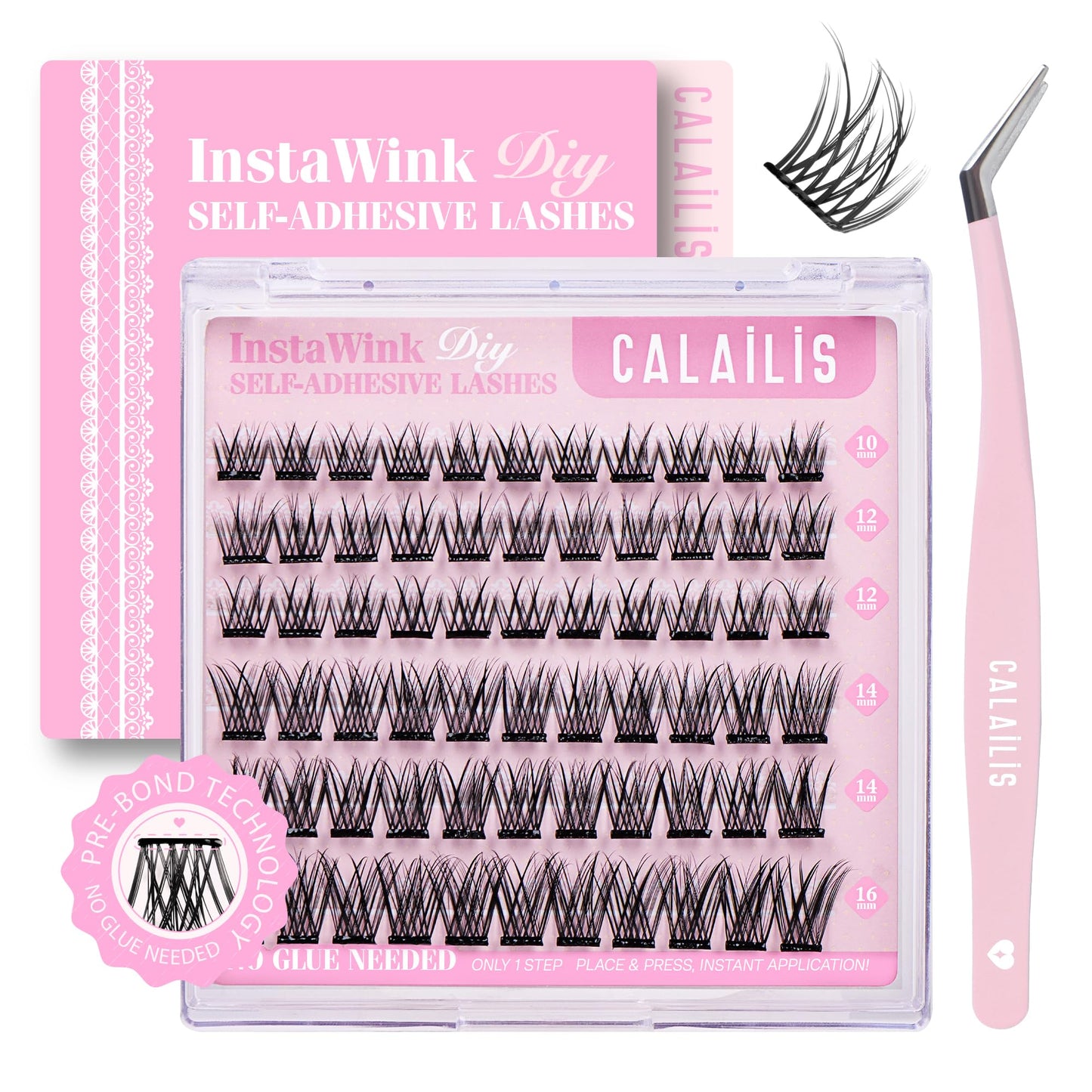 CALAILIS Self Adhesive Eyelashes 66Pcs Lash Clusters Press On Lashes, No Glue Needed Reusable DIY Eyelash Extensions Kit Pre Glued Eyelash Clusters with Lash Tweezers(A10,D-10-16mix)