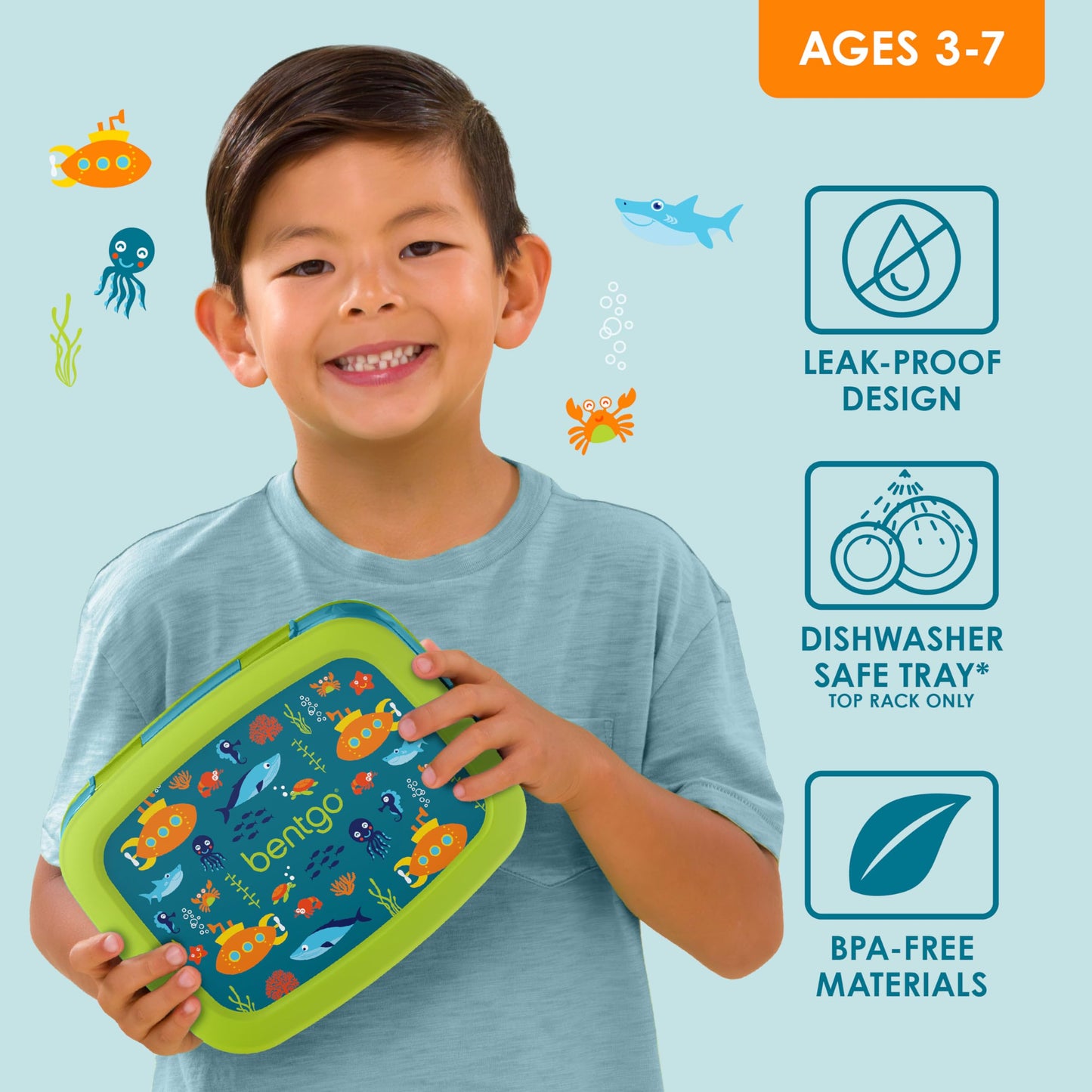 Bentgo Kids Prints Leak-Proof, 5-Compartment Bento-Style Kids Lunch Box - Ideal Portion Sizes for Ages 3-7, Durable, Drop-Proof, Dishwasher Safe, & Made with BPA-Free Materials (Submarine)