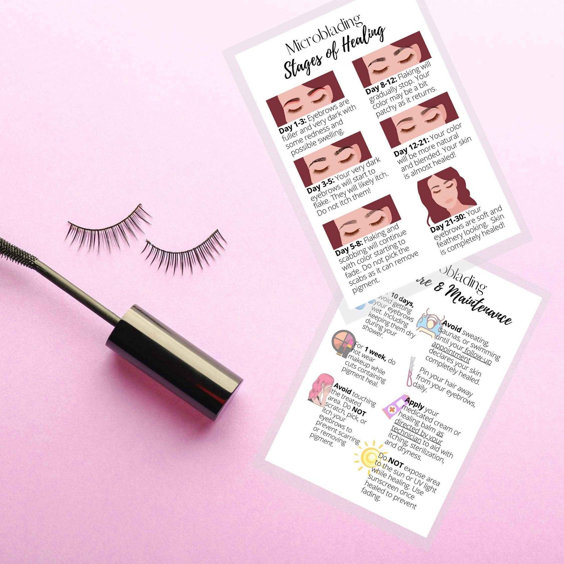 Eyebrow Microblading Healing & Aftercare Instructions Postcards | Package of 30 | Double Sided Size 4 x 6" inches Postcard | White with Pictures