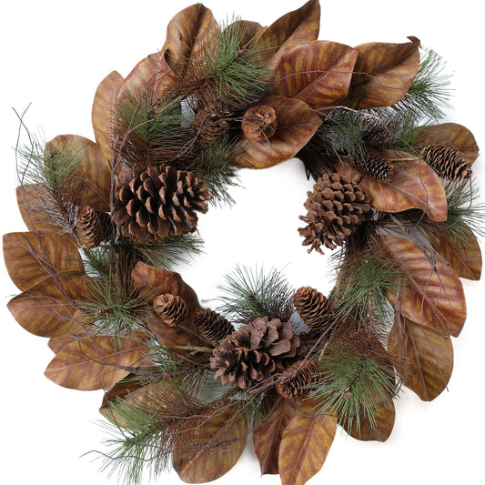 Floribus 22" Artificial Christmas Wreaths, Winter Magnolia Leaf Large Pine Cones and Pine Needle Wreaths, Interior and Exterior Decor Front Door Window Decorations