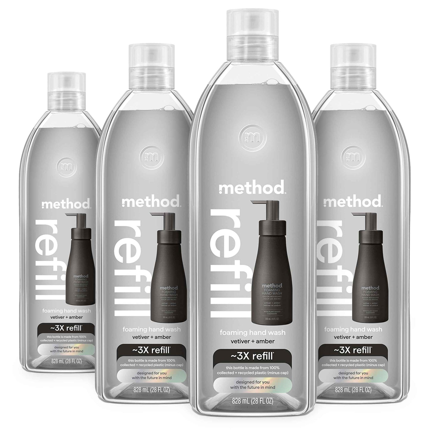 Method Premium Foaming Hand Wash Refill, Vetiver + Amber, Recyclable Bottles, Biodegradable Formula, 28 fl oz (Pack of 4) (Packaging May Vary)