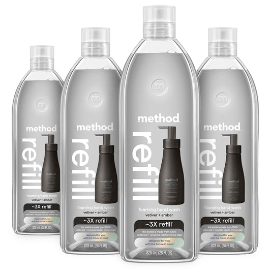 Method Premium Foaming Hand Wash Refill, Vetiver + Amber, Recyclable Bottles, Biodegradable Formula, 28 fl oz (Pack of 4) (Packaging May Vary)