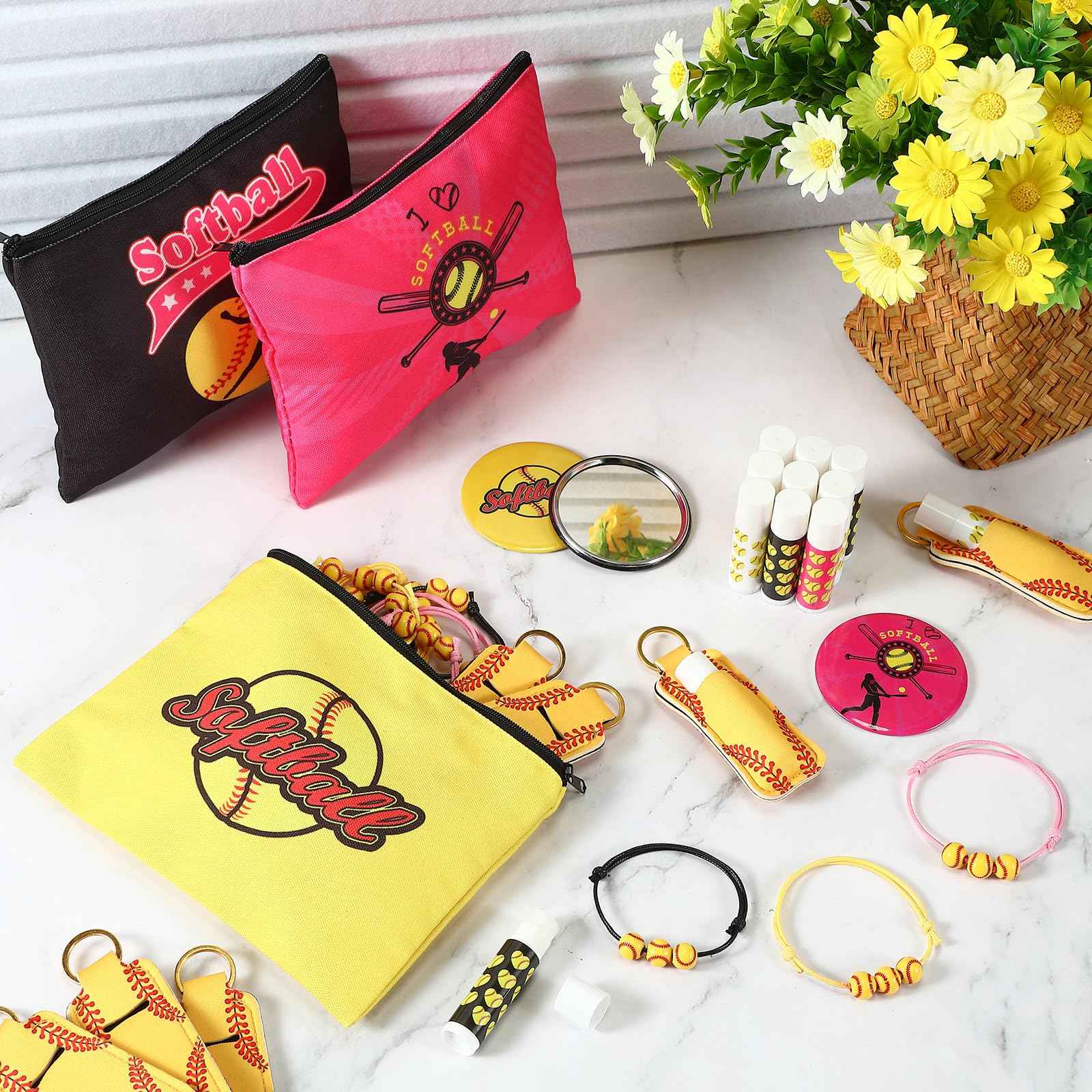 Yeyeplum 60 Pcs Softball Team Gifts for Girls Include 12 Softball Makeup Bags 12 Lip Balm 12 Makeup Mirrors 12 Lipstick Holder Keychains 12 Adjustable Bracelet for Sports Lovers