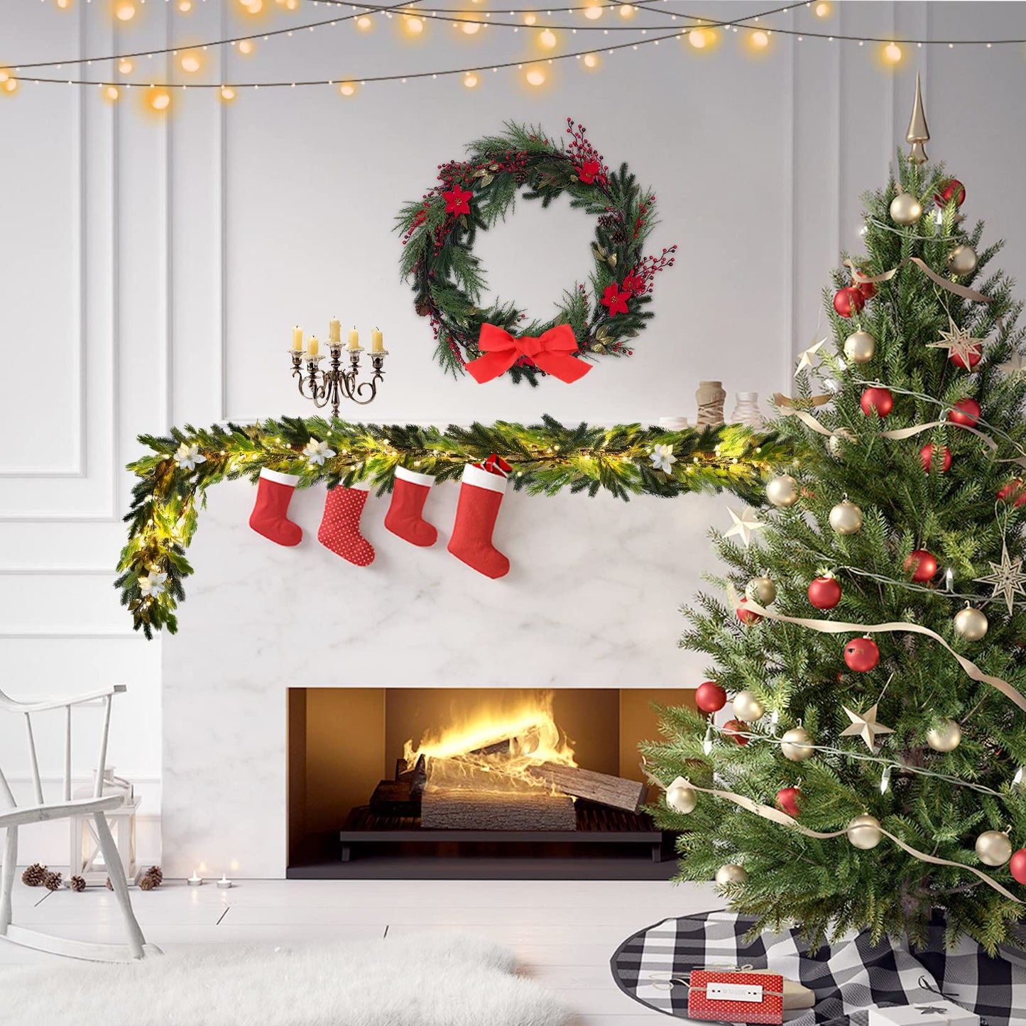 Christmas Garland Decoration with Lights - 9FT 70 LED Lighted Christmas Garland with Pine Cones, Berry Clusters, White Flower, Pine Branches, Leaves, Mixed Decorations for Mantle Fireplace Stairs Door