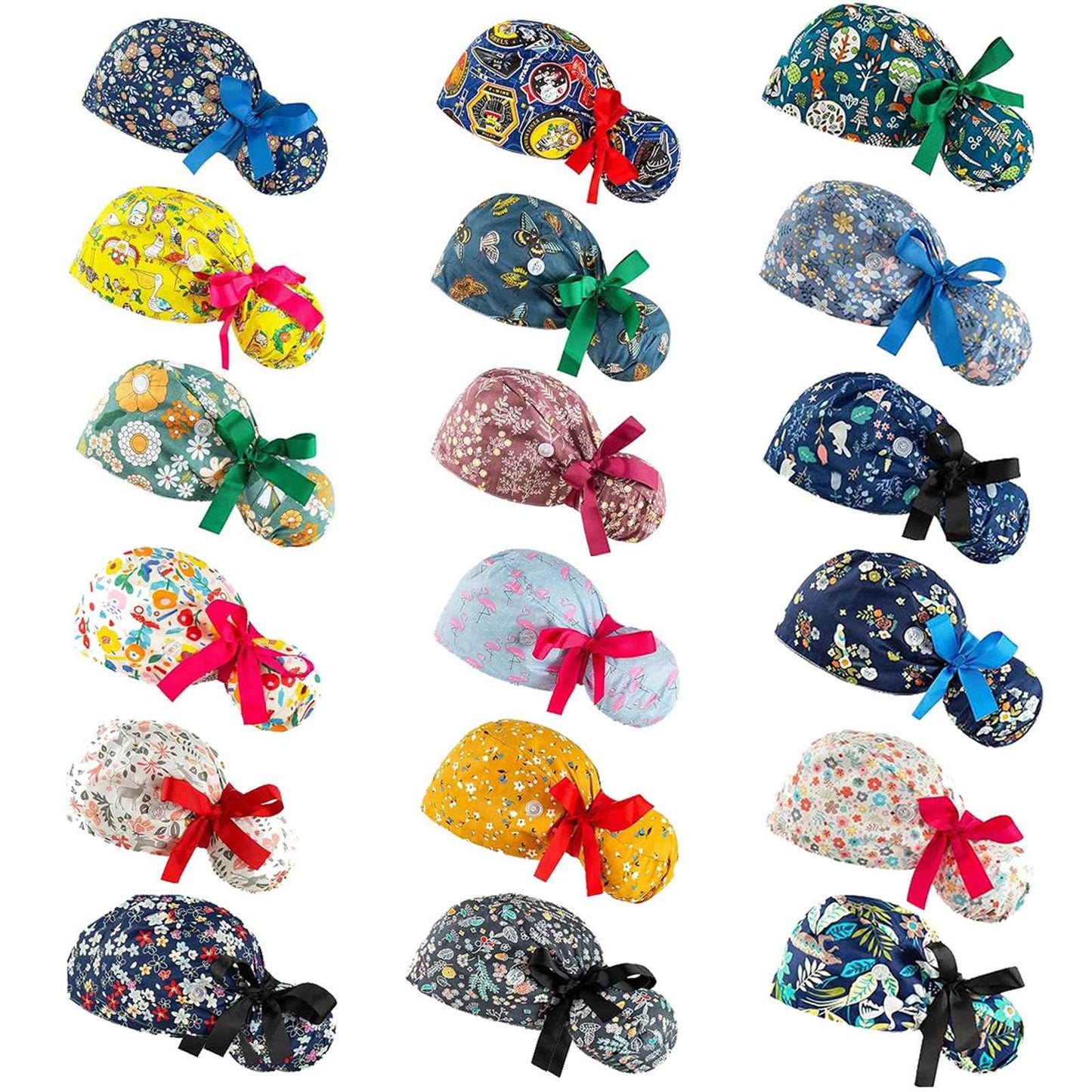 Scrub Caps Women Bouffant Scrub Hats Caps Nurses, Adjustable Working Cap Ponytail Pouch Tie Back Hats