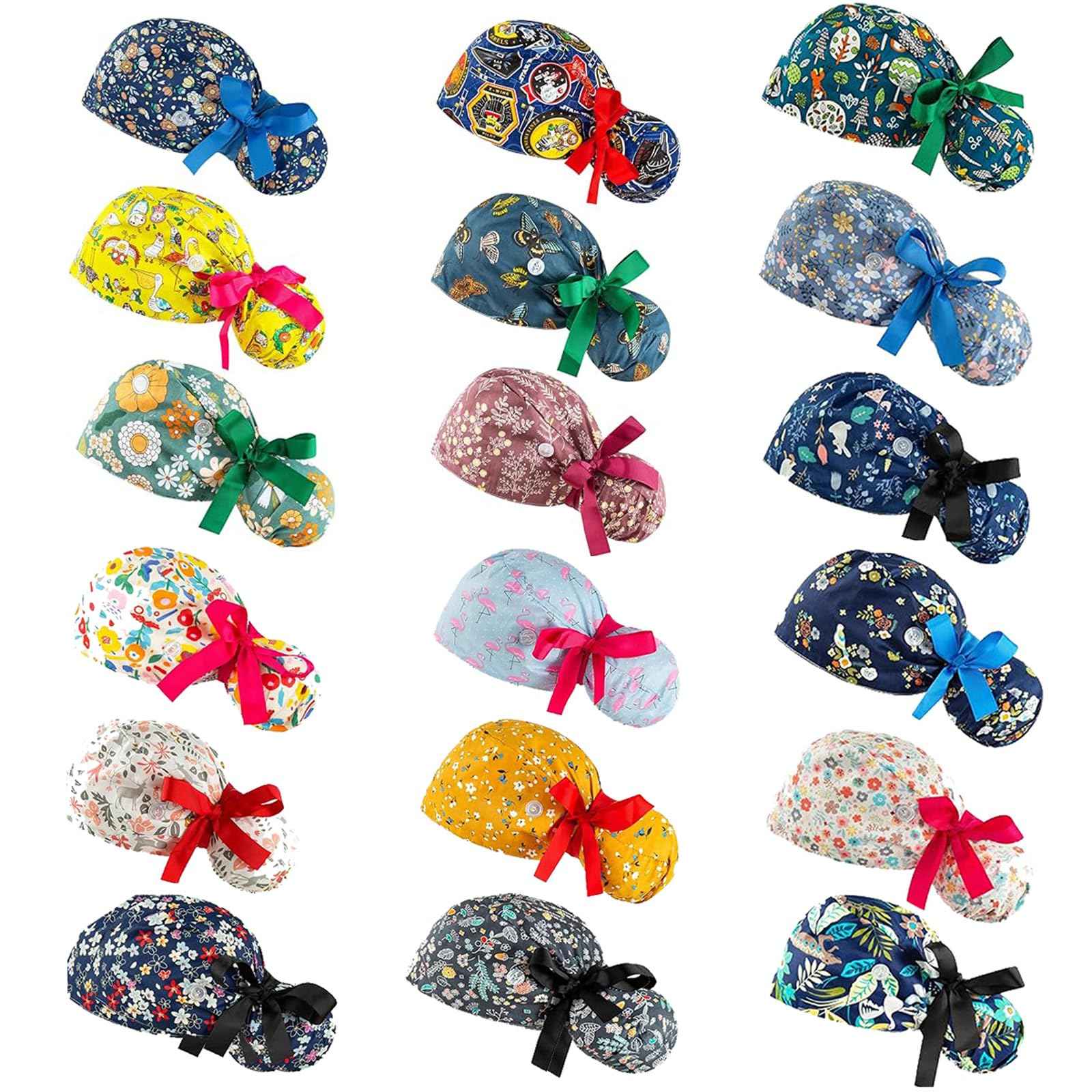 Scrub Caps Women Bouffant Scrub Hats Caps Nurses, Adjustable Working Cap Ponytail Pouch Tie Back Hats