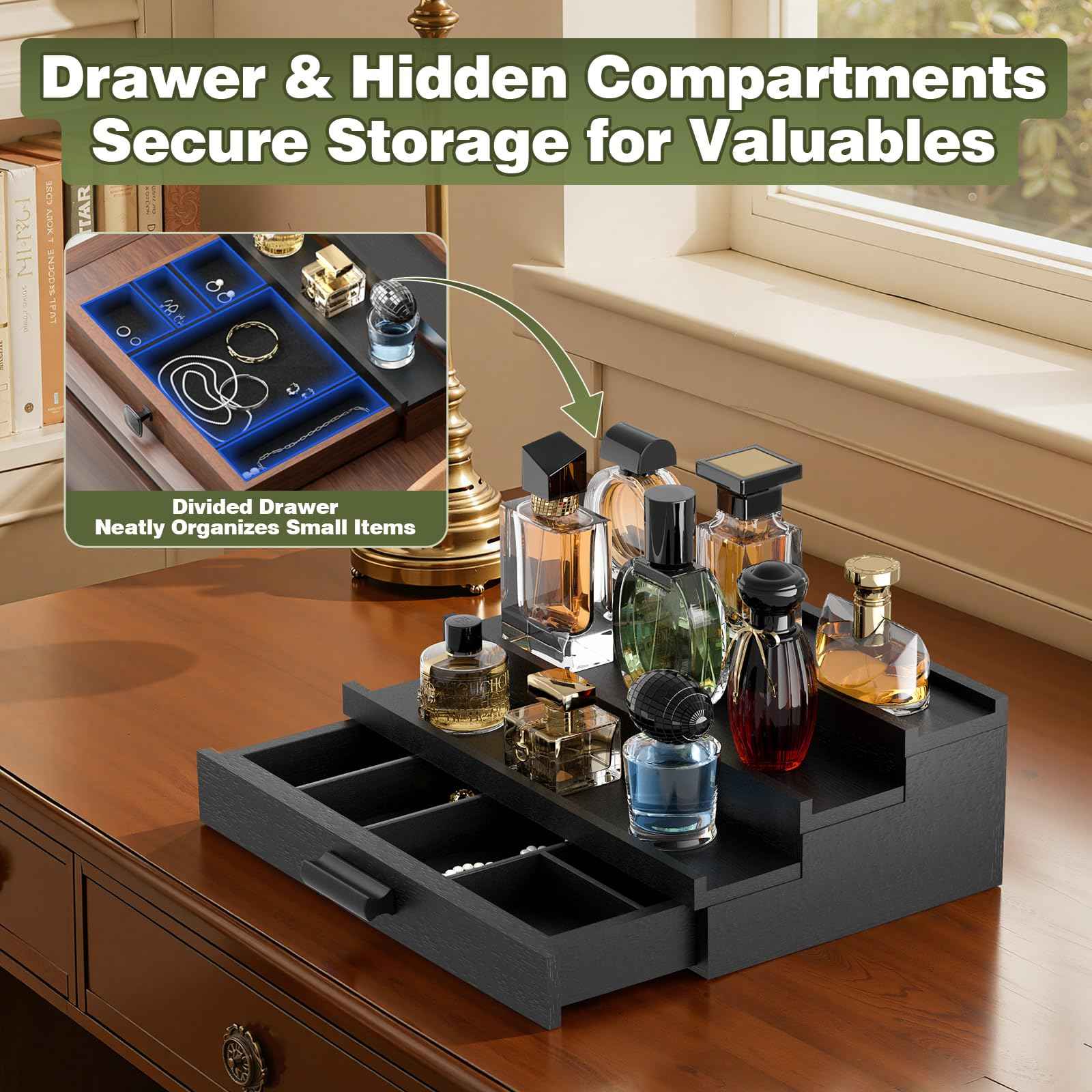 TIRYIUOU Perfume Cologne Organizer for Men: 3 Tier Wooden Perfumes Stand, Desktop Parfum Holder Wood Display Shelf with Cabinet, Bedroom Dresser Makeup Lotion Jewelry Storage Rack with Drawer