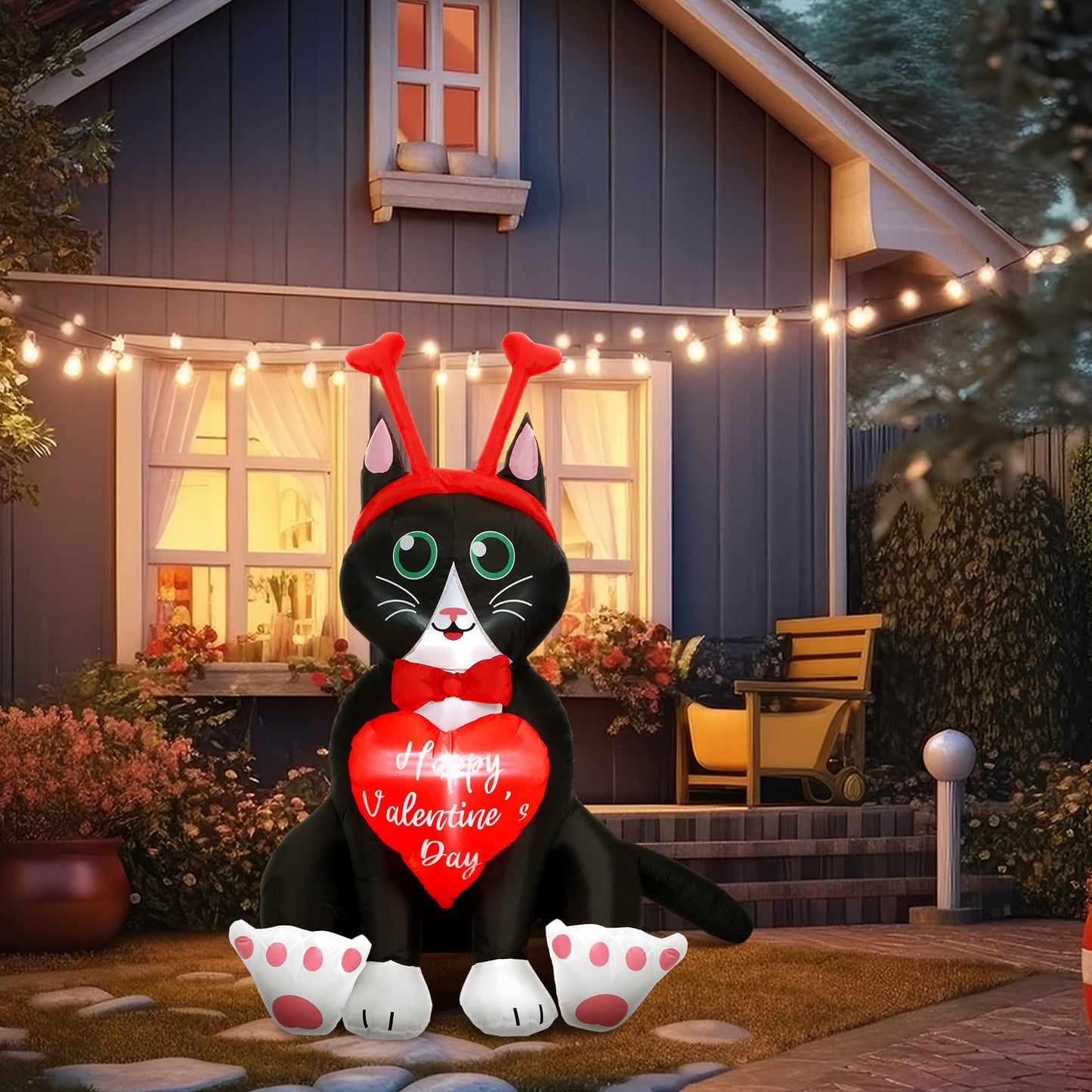 Leyndo 5 ft Height Cat Valentine's Day Inflatables with Built in LED Lights Cat with Hearts Blow up Valentine's Day Decoration Inflatable Outdoor Holiday Yard Decorations for Garden Party