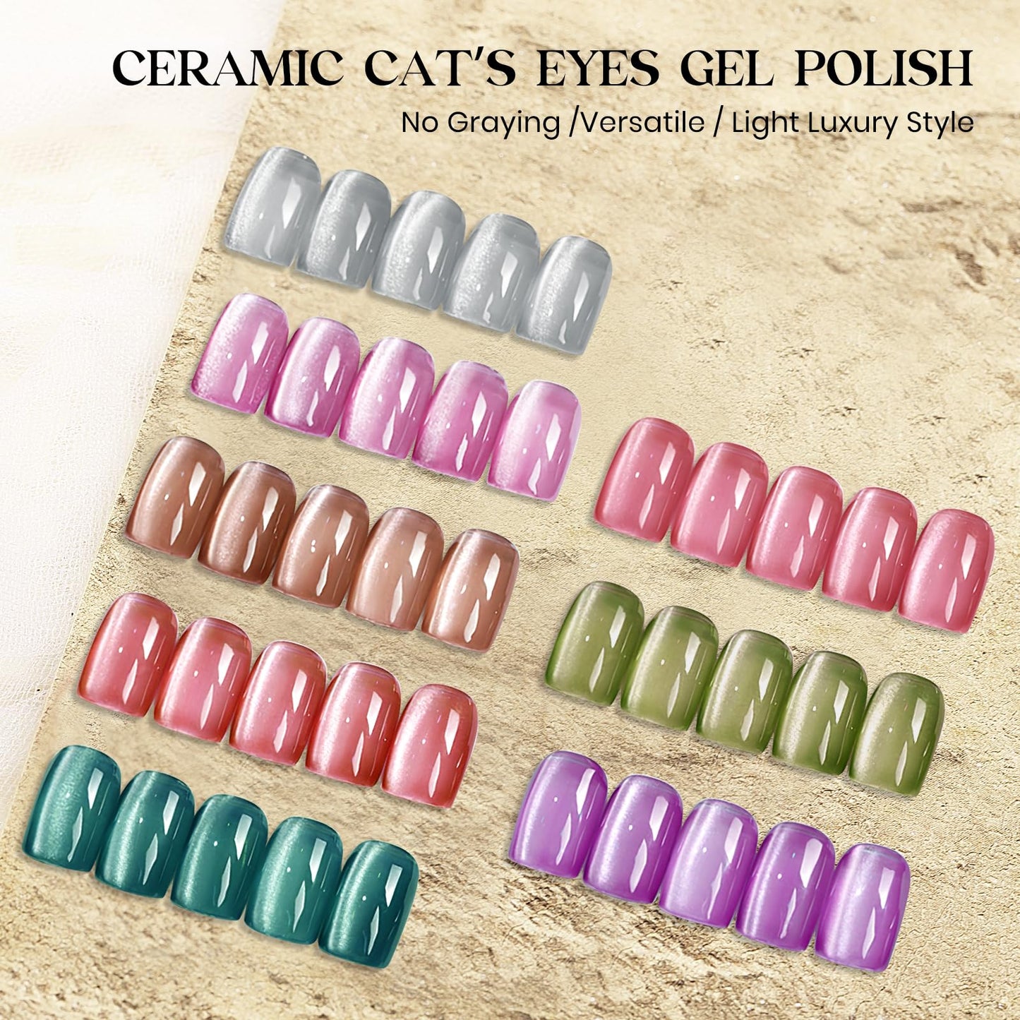 MIZHSE Cat Eye Gel Nail Polish: 8 Colors Ceramic Magnetic Gel Polish Set with Magnet Stick, Crystal Glass Pink Green Blue Spring Colors Smoothie Nail Gel Soak Off UV/LED Nail Art Salon Home Gift