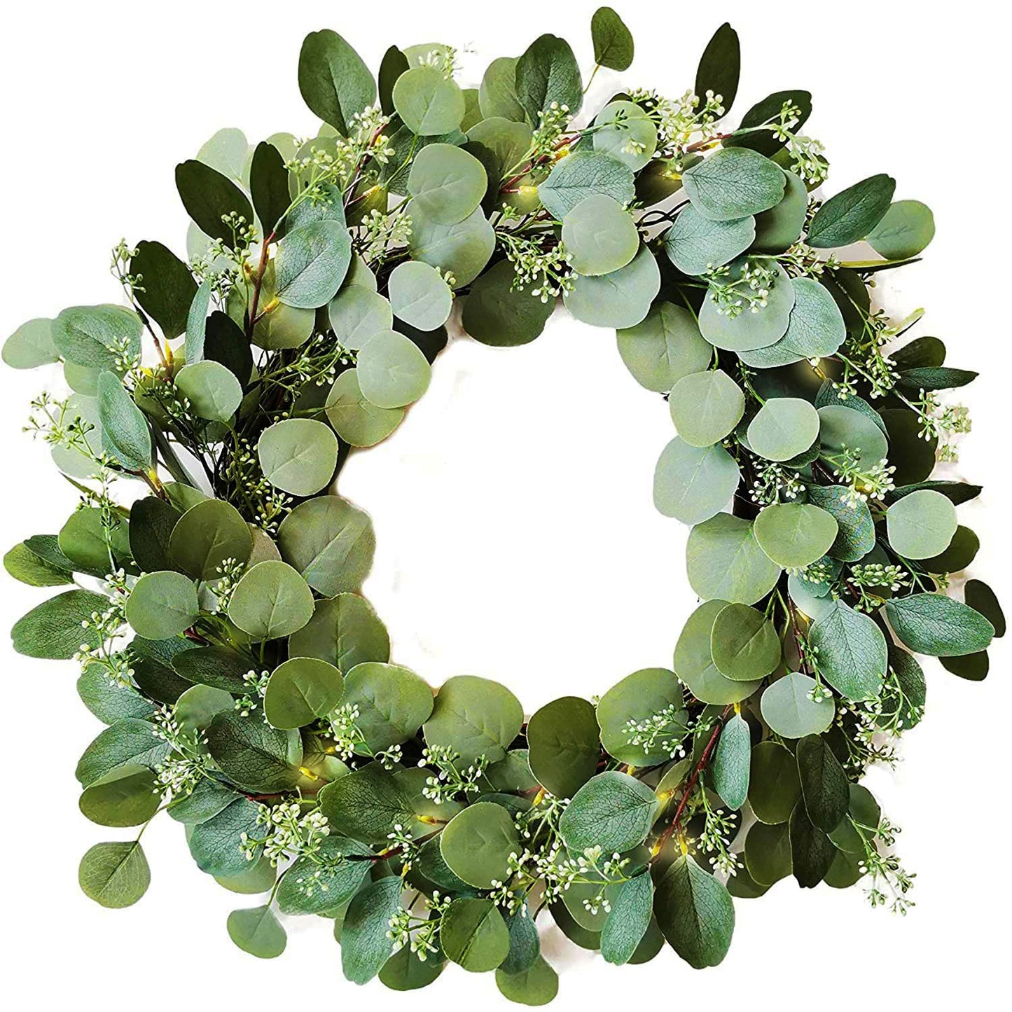 LampLust Eucalyptus Wreath for Front Door, 24 Inch Door Wreath with Lights, 80 LED Lights, Battery Operated, Timer Included, Christmas Wreaths, Farmhouse Wreath, Christmas Decorations Holiday Decor