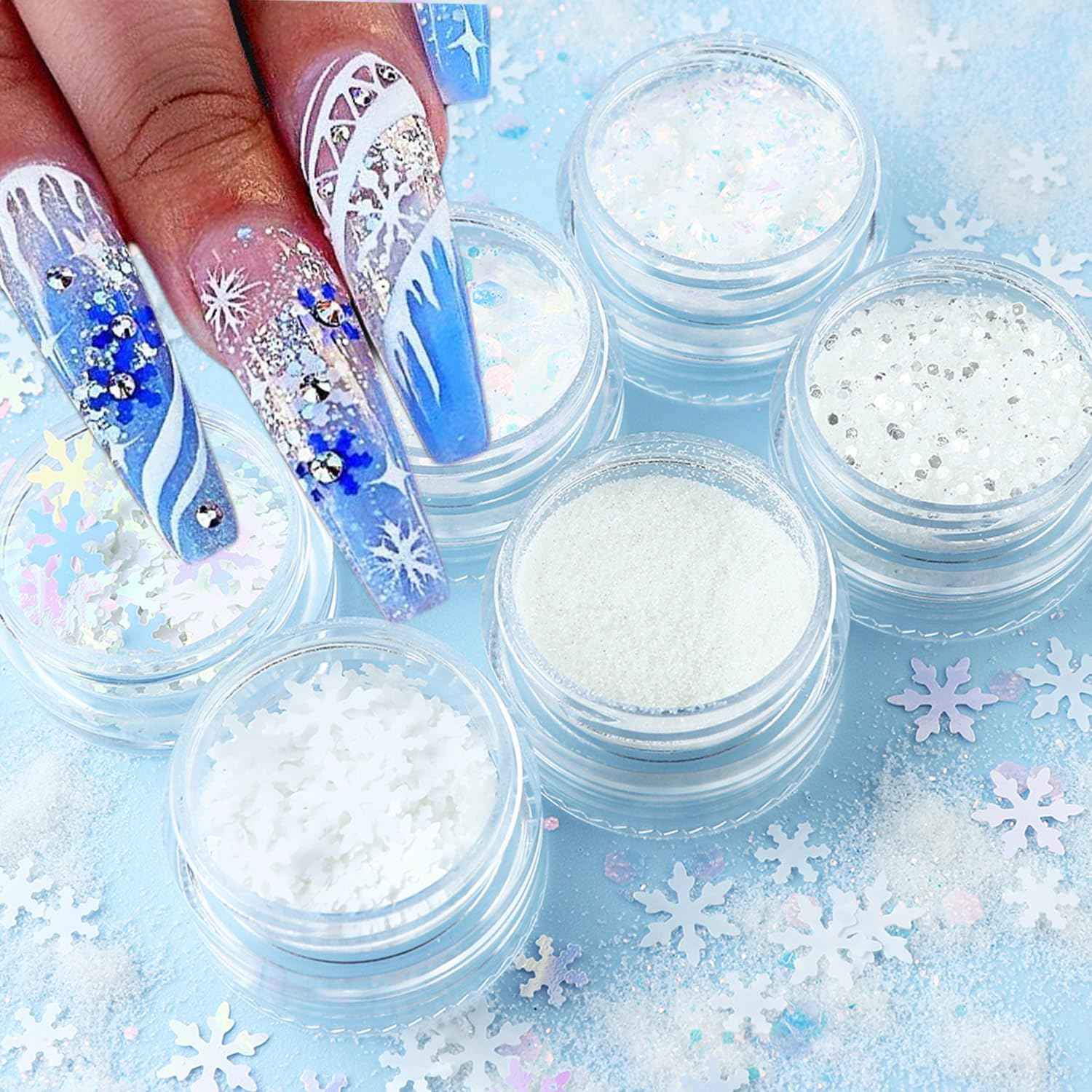 Totelux White Nail Glitter Powder Snowflakes Nail Sequins 6 Jars Winter Snowflakes Nail Art Flakes Powder Kit for Acrylic Christmas Nails Decorations DIY Crafts