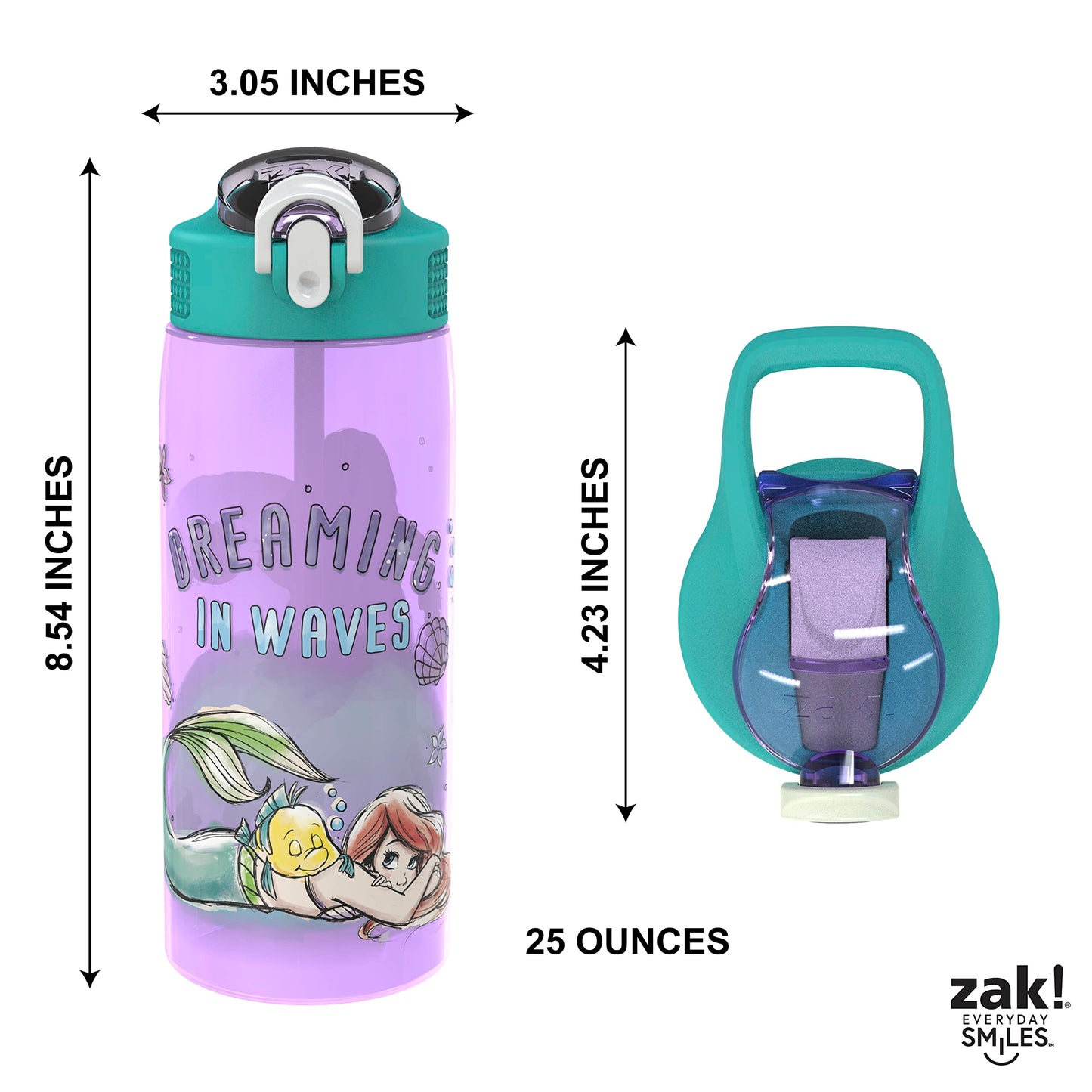 Zak Designs Disney Princess Kids Water Bottle For School or Travel, 25 oz Durable Plastic Water Bottle With Straw, Handle, and Leak-Proof, Pop-Up Spout Cover (Ariel, Moana)