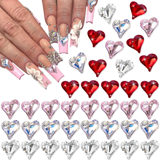 RODAKY 40PCS Heart Nail Rhinestone Mixed Color 3D Heart Shape Nail Art Charms Valentine's Day Nail Gems for Manicure DIY Nail Decoration for Women and Girls