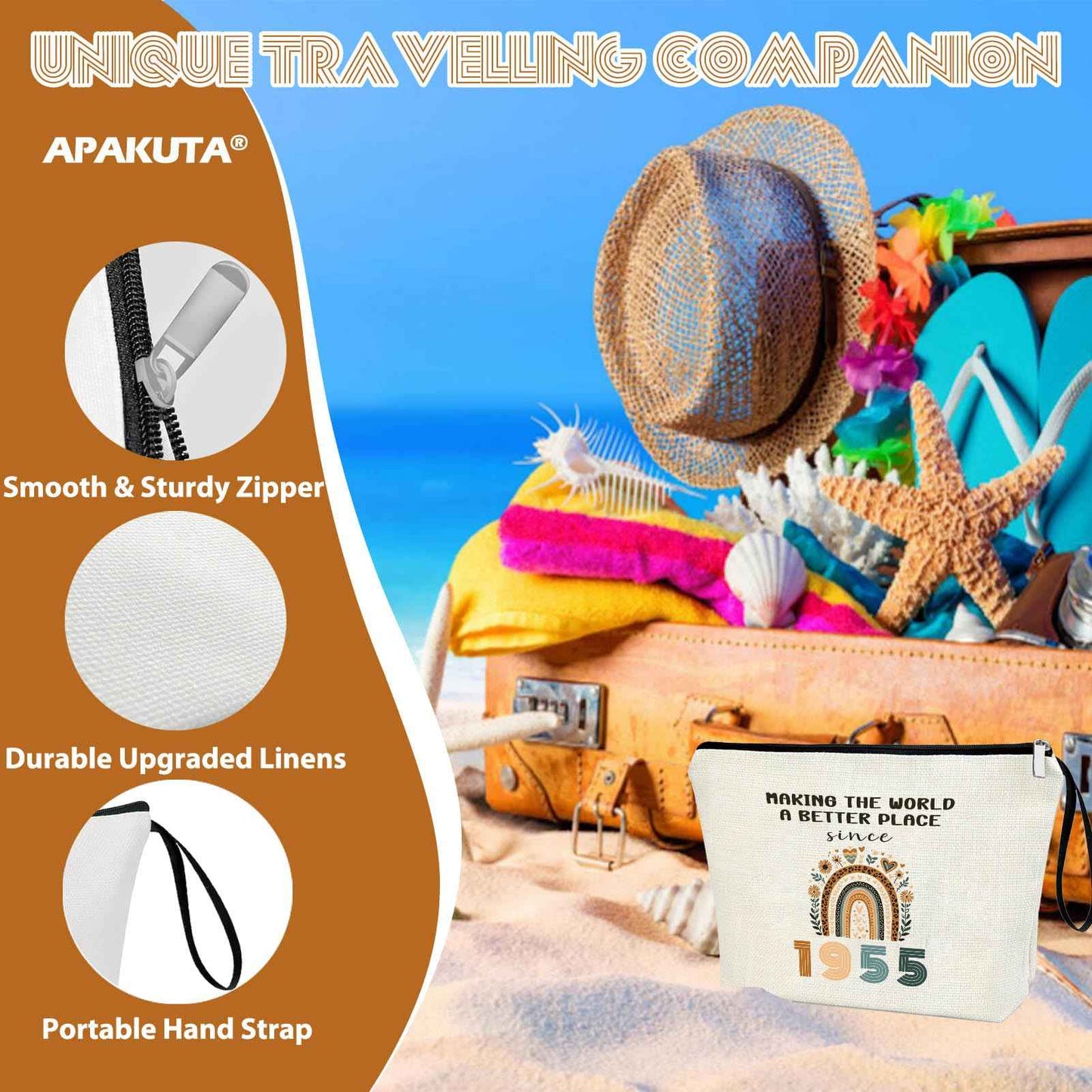 APAKUTA 70th Birthday Gift for Women 1955 Year Gifts Idea Boho Makeup Bag 70-Year-Old Decoration Gifts for Grandma Wife Aunt Friend Cosmetic Bag Organizer Zipper Pouch Gift for Retirement Anniversary