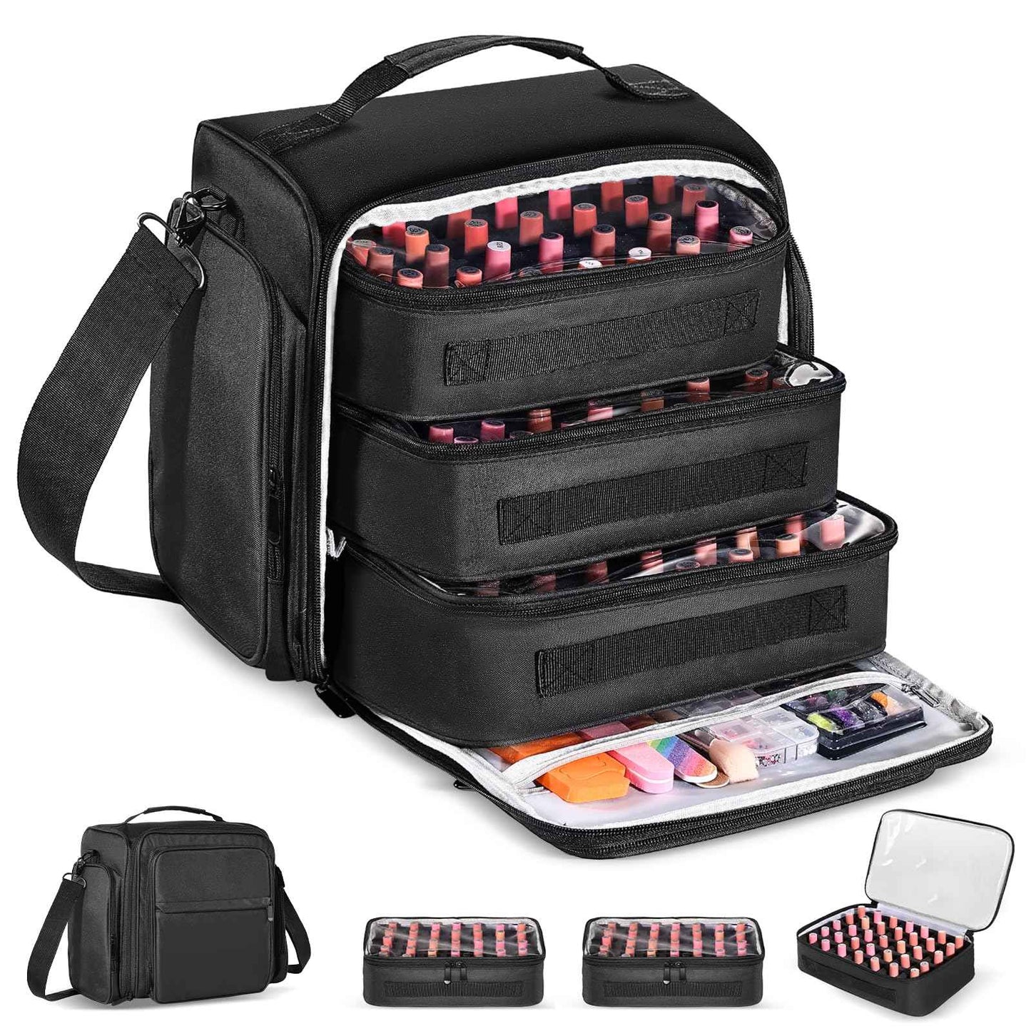 ZWRTU Extra Large Nail Polish Organizer Case Holds 105 Bottles with 3 Removable Pouches for Manicure Tools, Supplies, Nail Lamp, Gift for Girls