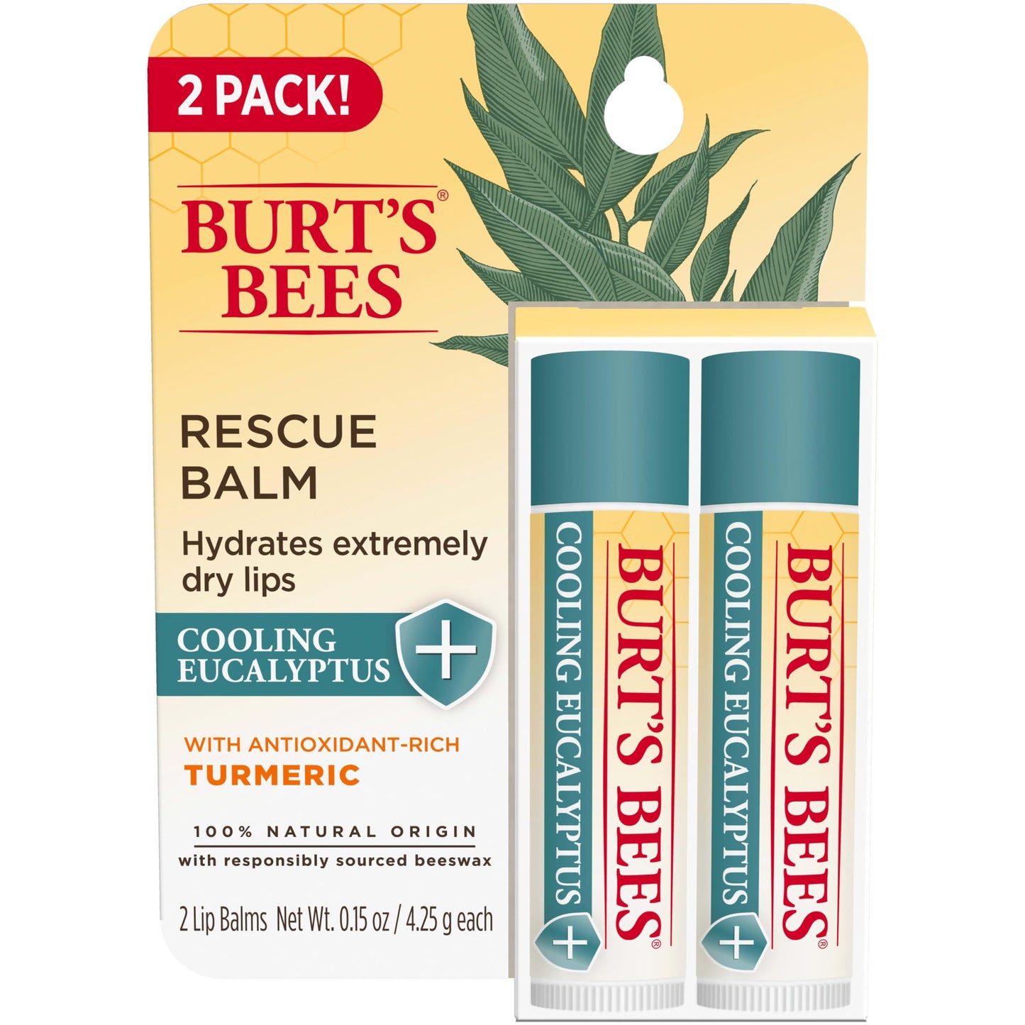 Burt's Bees 100% Natural Origin Rescue Lip Balm With Beeswax and Antioxidant-Rich Turmeric Promotes Healing Of Extremely Dry Lips, Cooling Eucalyptus, 2 Tubes in Blister Box(Pack May Vary)