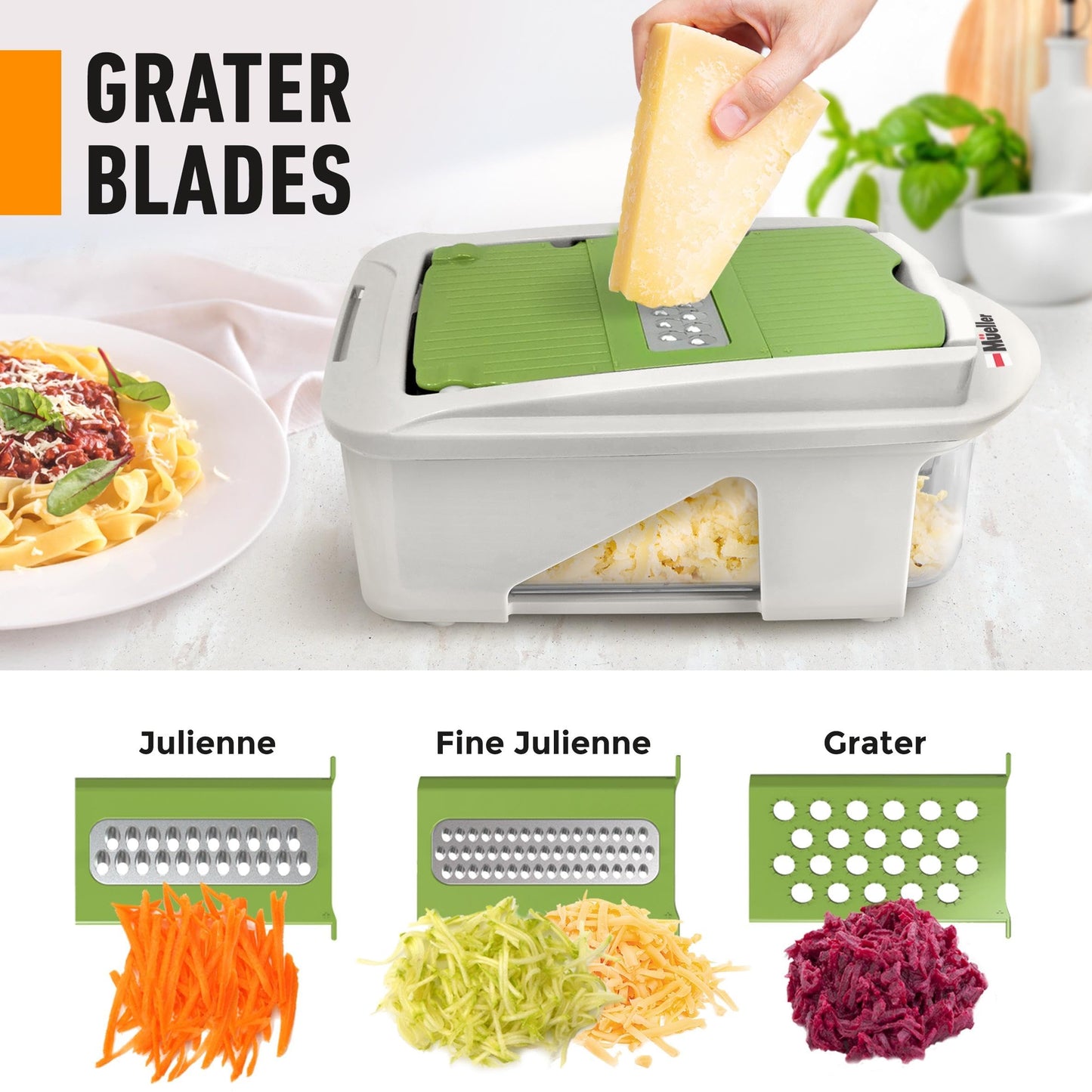 Mueller Pro-Series All-in-One, 12 Blade Mandoline Slicer for Kitchen, Food Chopper, Vegetable Slicer and Spiralizer, Cutter, Dicer, Grater, Mothers Day Gifts, Kitchen Essentials, White Sand/Green