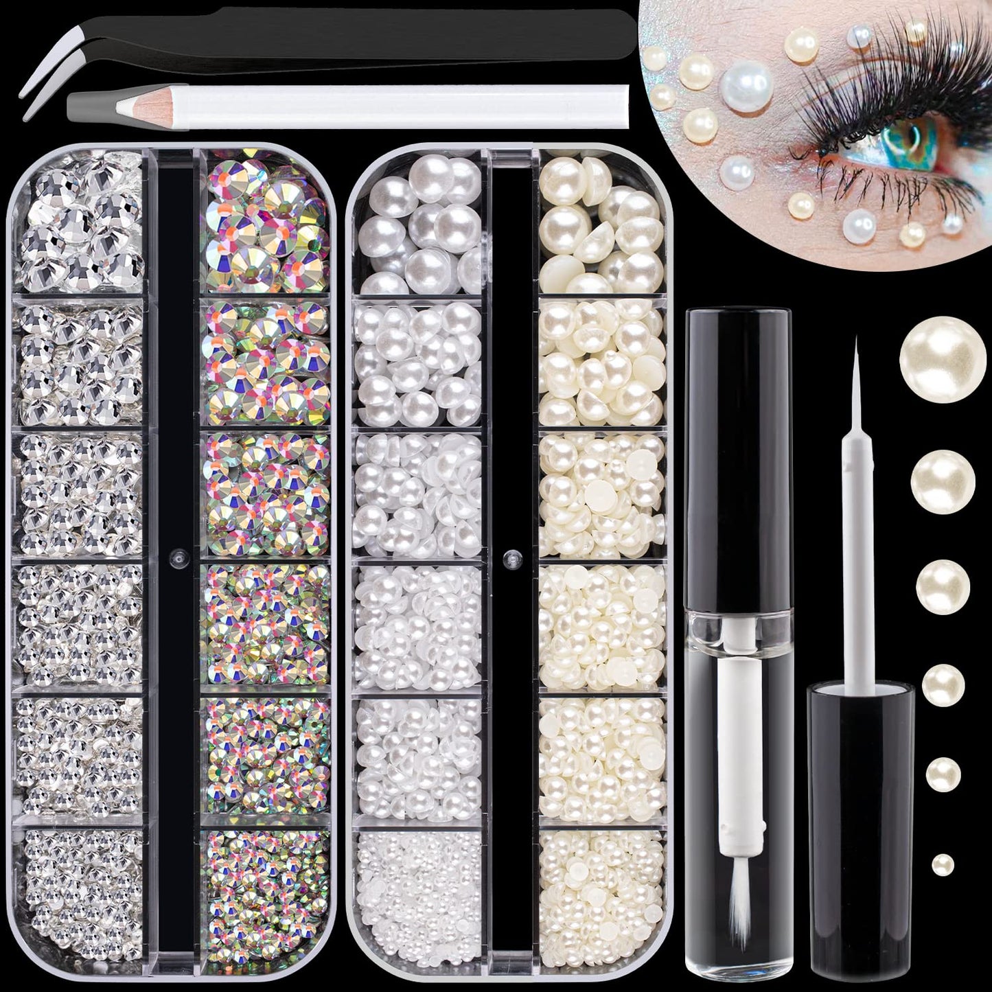 Flat Back Rhinestones&Pearls Kits Round Glass Crystal Transparent White Gems+White Pearls With Quick Dry Makeup Glue+Picker Pencil+Tweezer For Nail Art And Face Eye Body Make-up