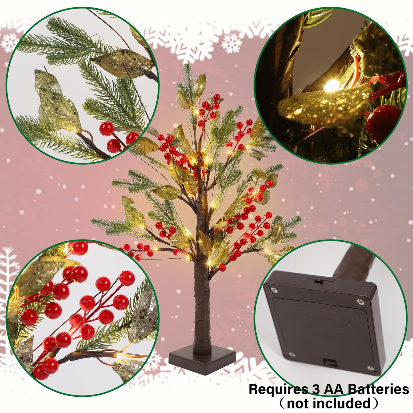 DR.DUDU 2 Pack Christmas Tree Decoration, Small Trees with Lights for Table, 24″ Pre-lit Artificial Christmas Tree Battery Operated with Red Berries Gold Leaves for Xmas Tabletop Indoor Home Decor