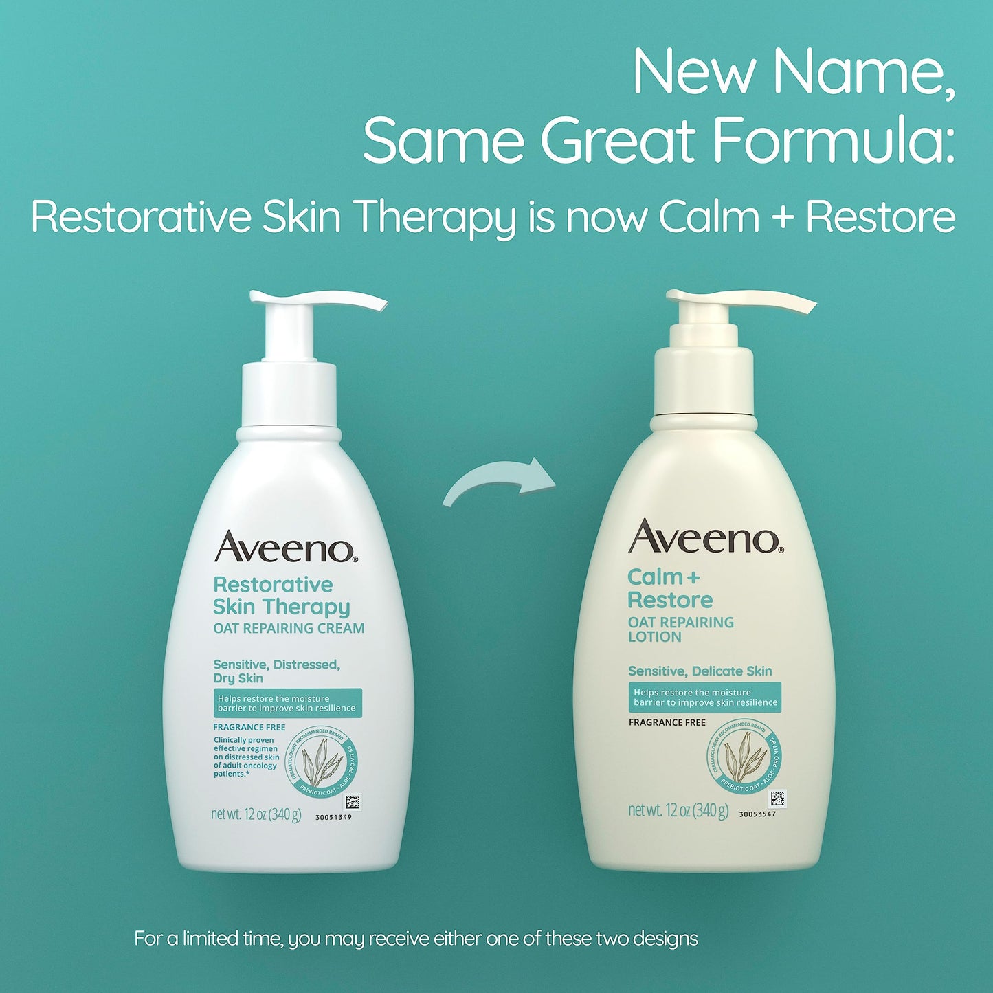 Aveeno Calm + Restore Oat Repairing Body Lotion for Sensitive Skin, Daily Moisturizer with Prebiotic Oat, Aloe & Pro-Vitamin B5 Helps Restore Skin's Moisture Barrier, Fragrance Free, 12 oz