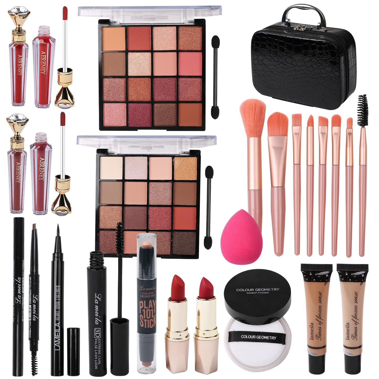 Delymol Makeup Kit for Teen Girls,All in One Makeup Kit for 2X16 Colors Eyeshadow Liquid Foundation Eyeliner Pencils Contouring Stick Lip Gloss Eyebrow Pencils 8Pcs Makeup Brushes etc (black)