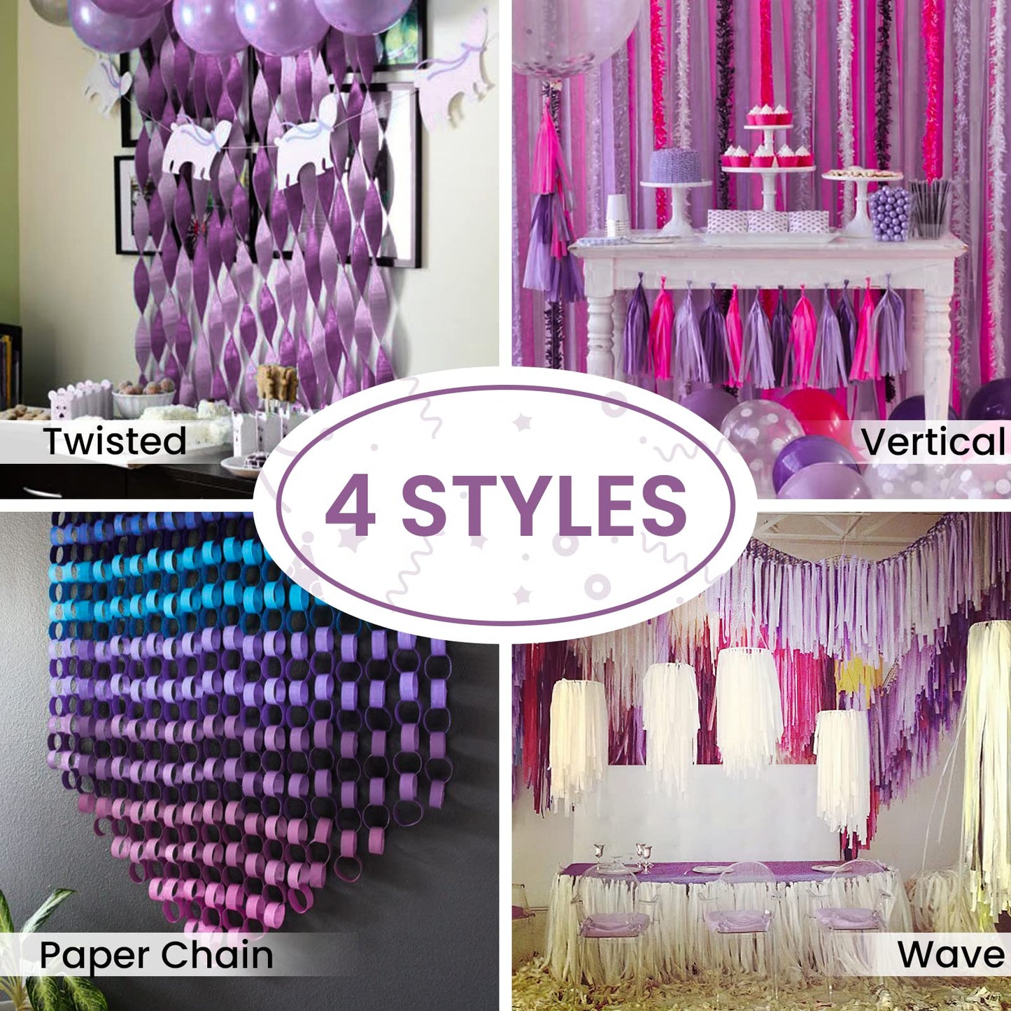 PartyWoo Crepe Paper Streamers 6 Rolls 492ft, Pack of Metallic Silver, Light Purple, Lilac, Lavender Purple, White Crepe Paper for Birthday Decorations, Baby Shower Decorations (1.8 Inch x 82 Ft/Roll)