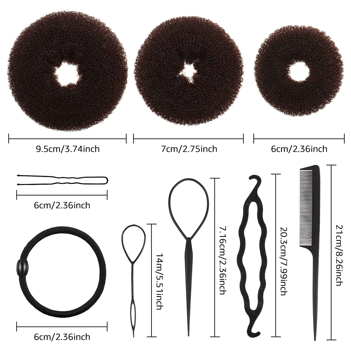 Hair Bun Maker Set 6 PCS - Ring Style Hair Bun Donut (1 L, 2 M and 3 S) with 20 Hair Bobby, Pins 5 Elastic Bands and 4 Pony Hair Tools for Long Hair (Dark Brown)