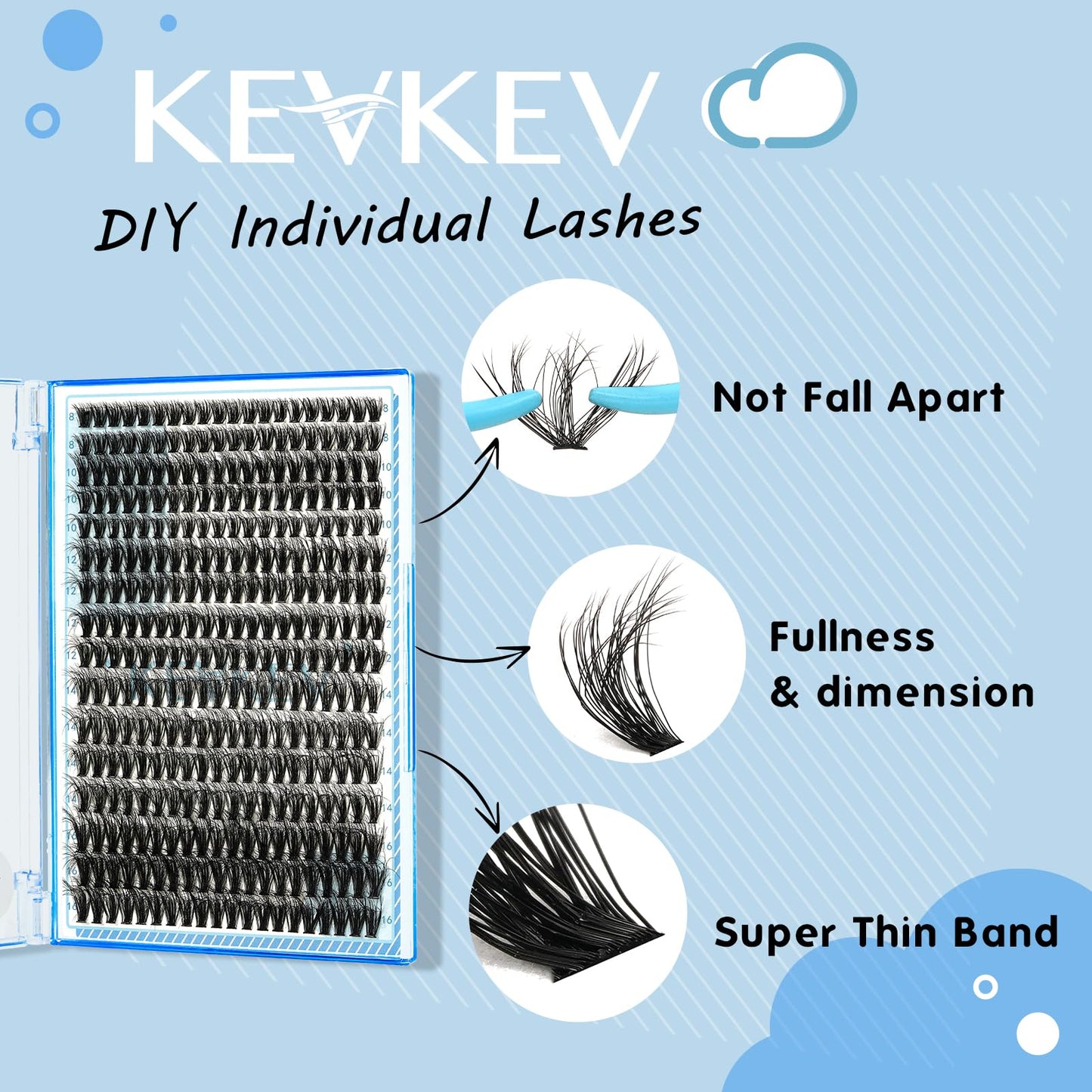 KevKev Lash Clusters Individual Lashes 3D Fluffy Eyelash Clusters 320 Pcs Cluster Lashes 40D Wispy Volume Lashes DIY Lash Extensions Thin Band & Soft(Fluffy 40D,D-8-16mix)