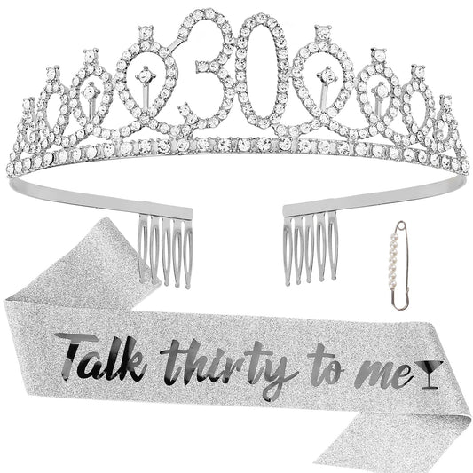 30th Birthday Sash & Rhinestone Tiara Kit- Happy 30th Birthday Gifts for Women 30th Birthday Party Decorations (silver)